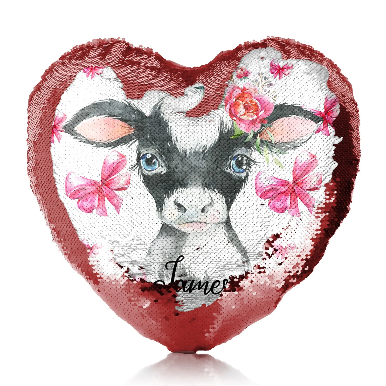 Personalised Sequin Heart Cushion with Cow Pink Bows and Cute Text