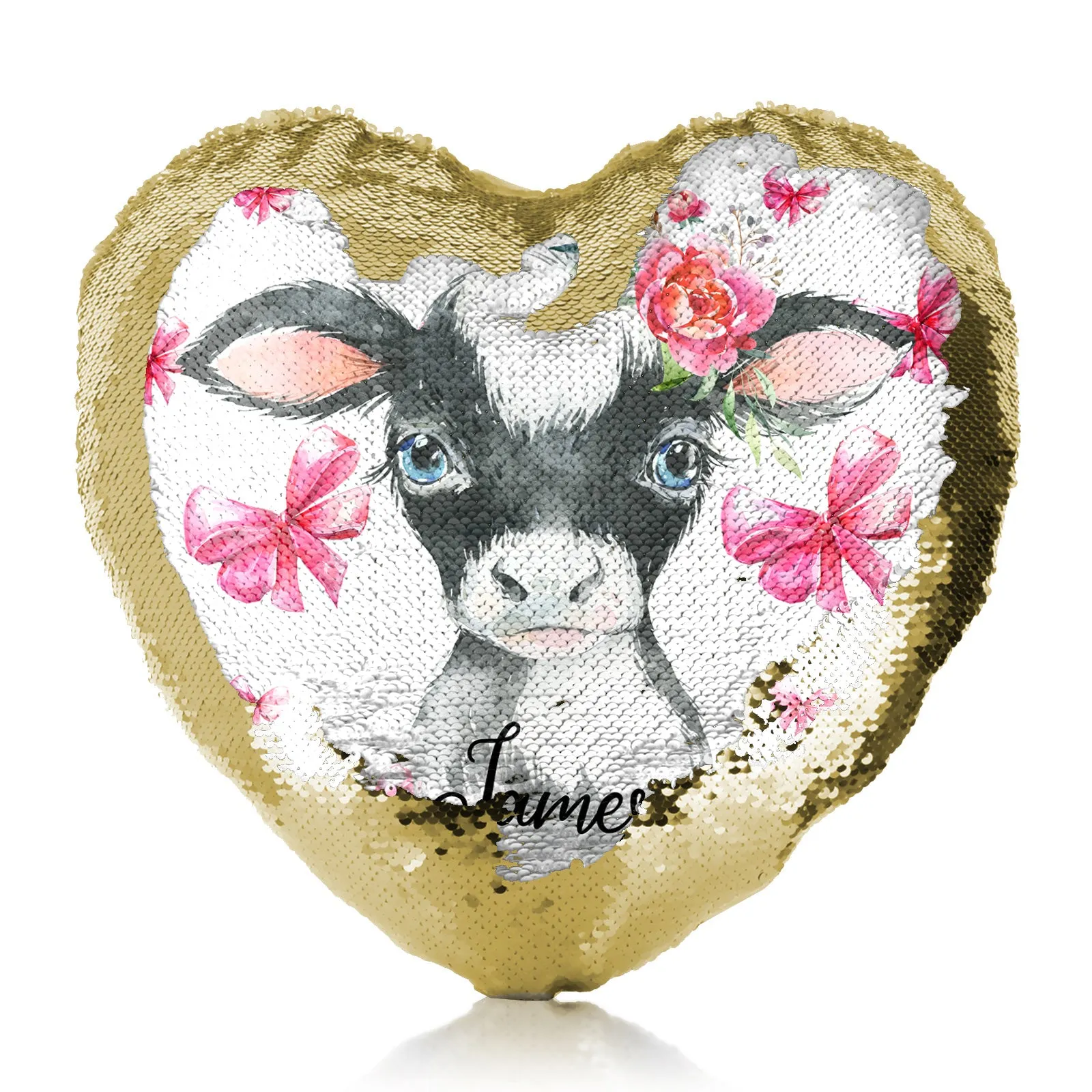 Personalised Sequin Heart Cushion with Cow Pink Bows and Cute Text