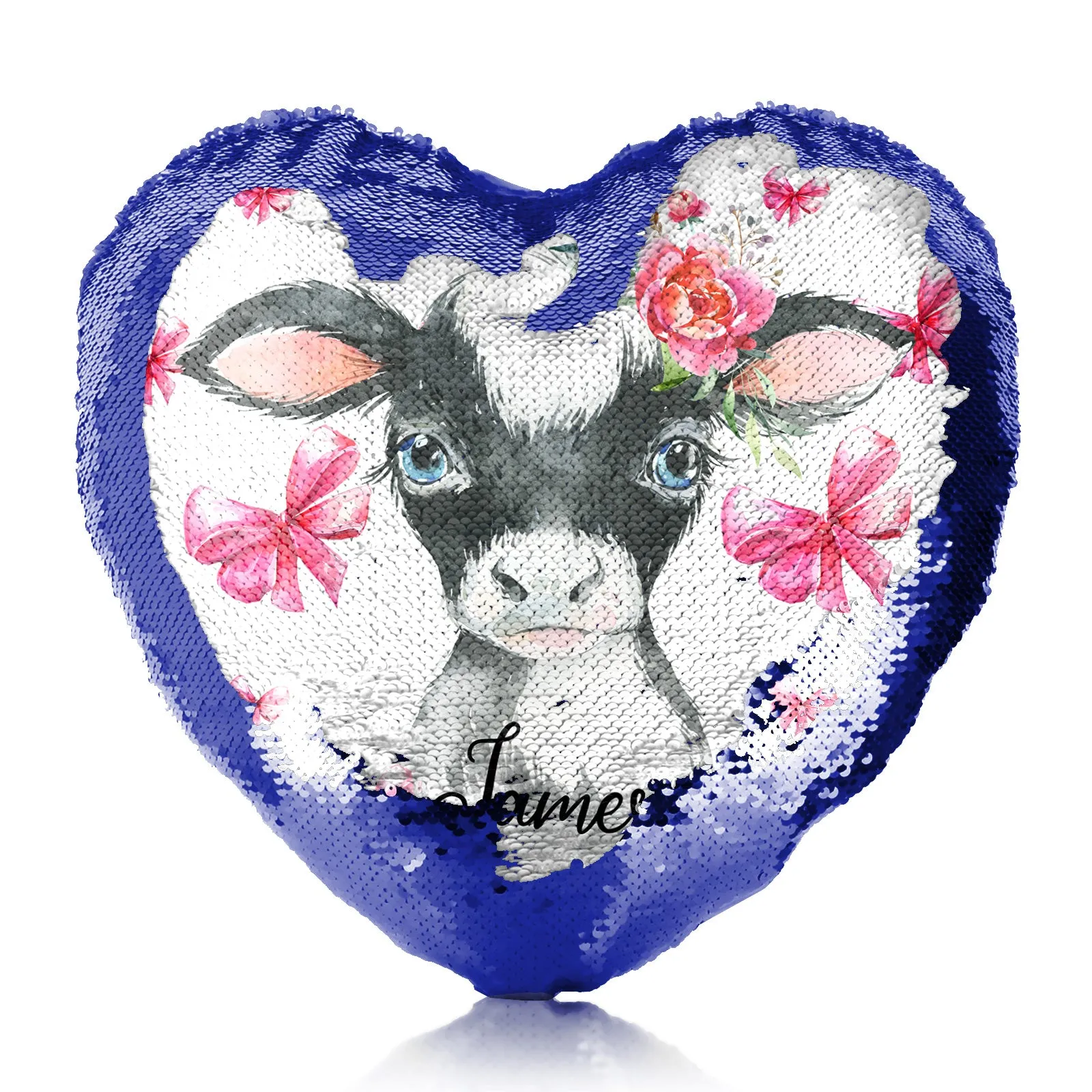 Personalised Sequin Heart Cushion with Cow Pink Bows and Cute Text