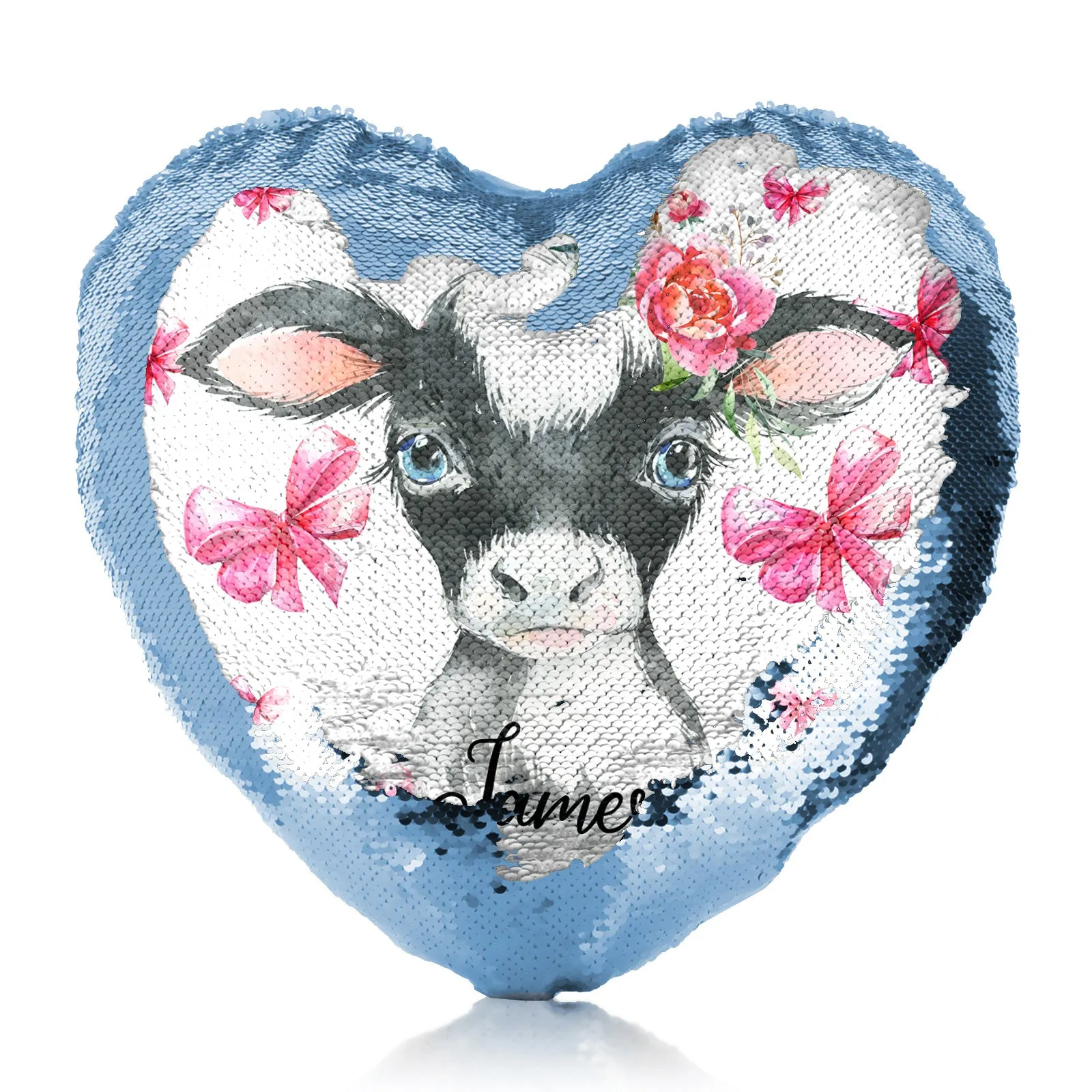 Personalised Sequin Heart Cushion with Cow Pink Bows and Cute Text