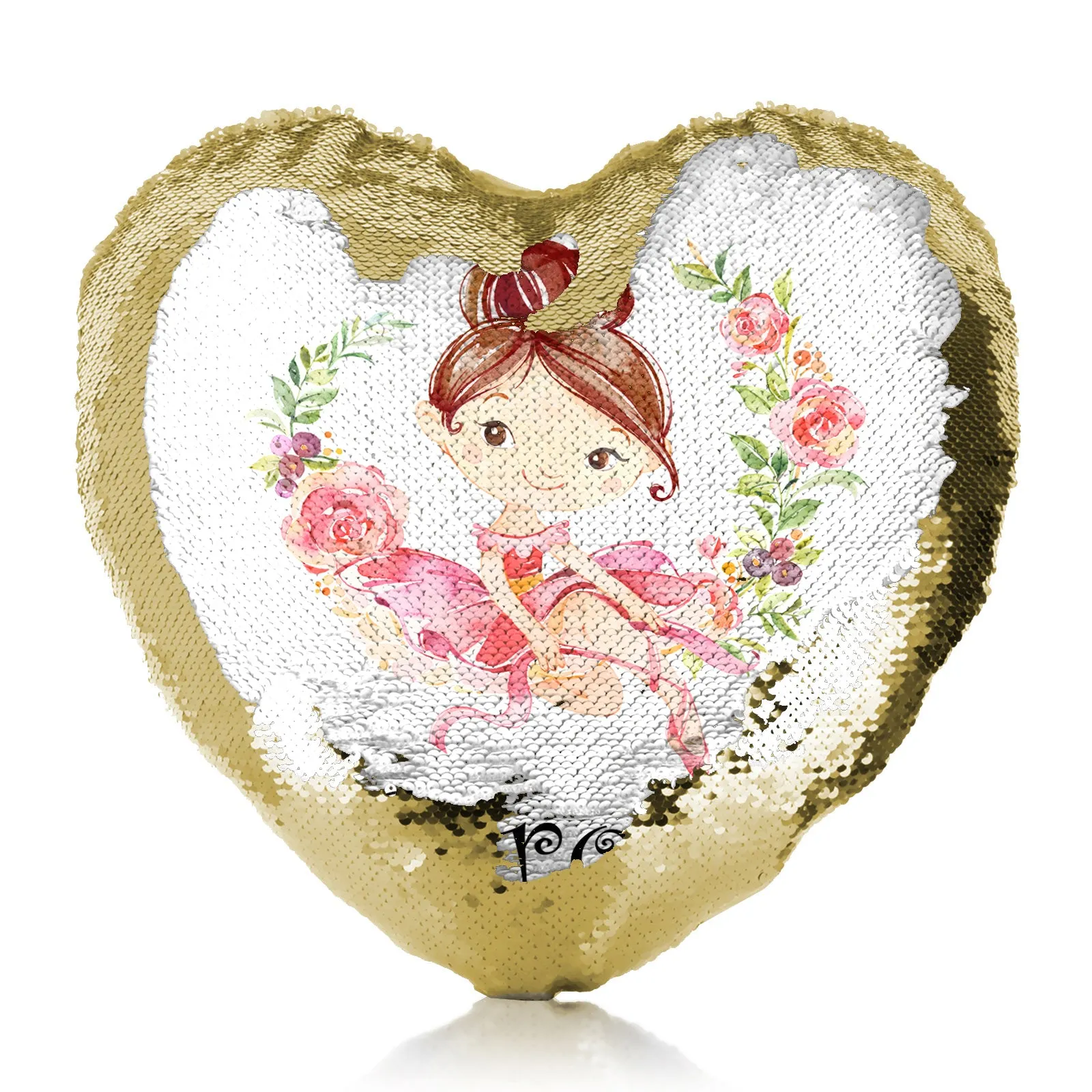 Personalised Sequin Heart Cushion with Cute Text and Flower Wreath Light Brown Hair Ballerina