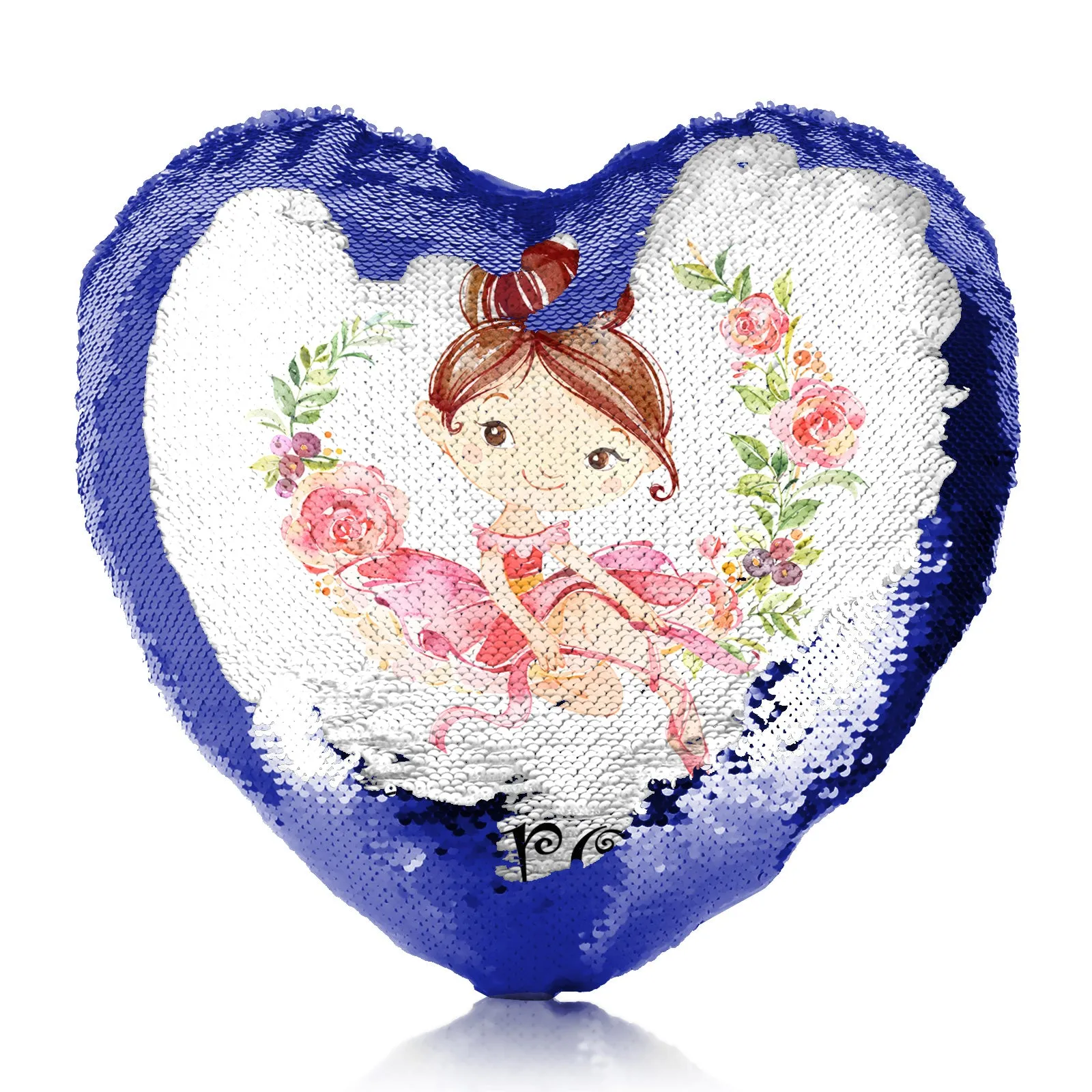 Personalised Sequin Heart Cushion with Cute Text and Flower Wreath Light Brown Hair Ballerina