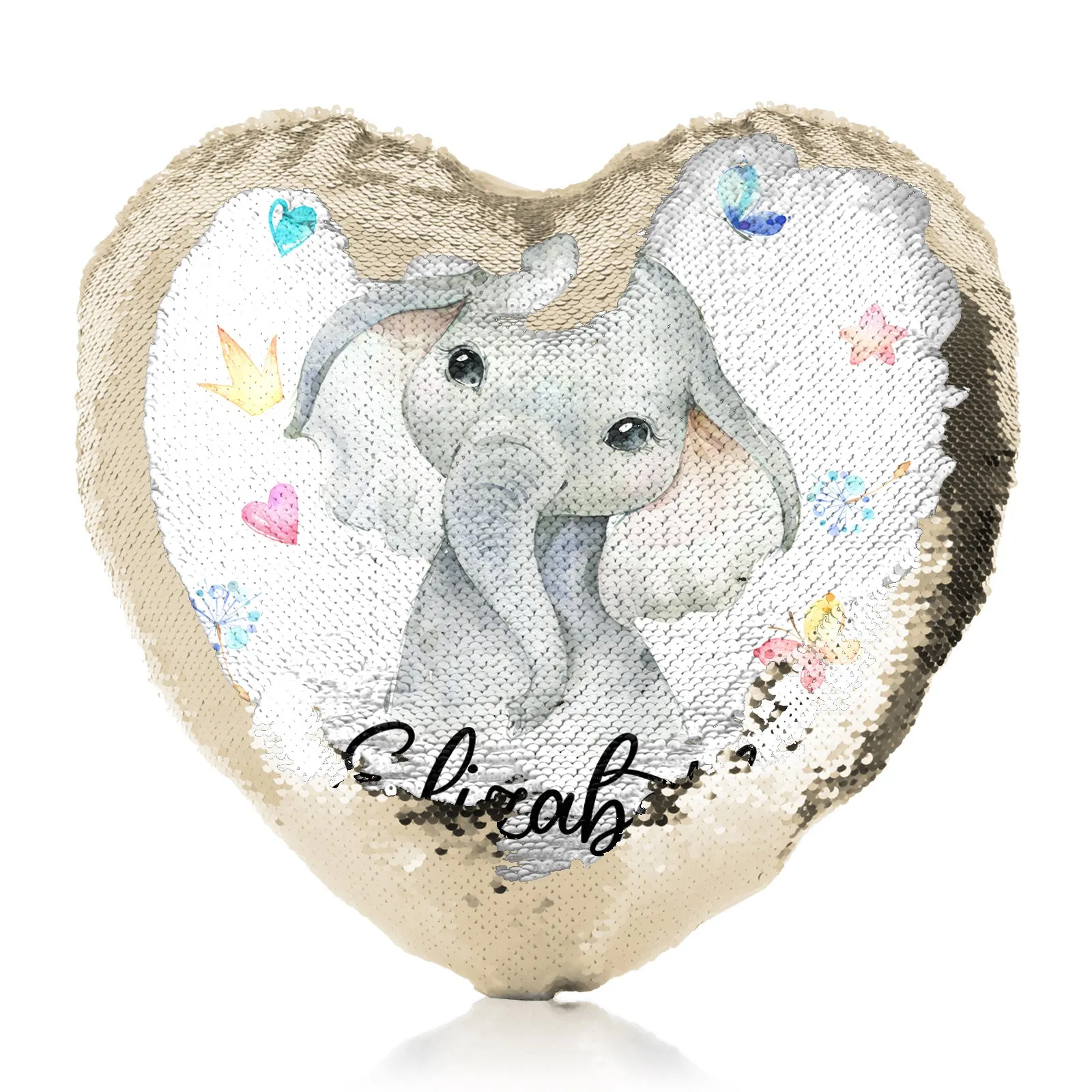 Personalised Sequin Heart Cushion with Grey Elephant with Hearts Stars Crowns Butterfly and Cute Text