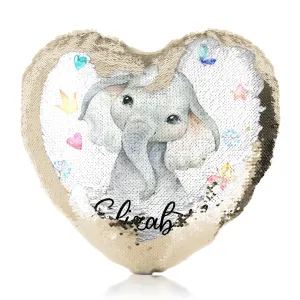Personalised Sequin Heart Cushion with Grey Elephant with Hearts Stars Crowns Butterfly and Cute Text