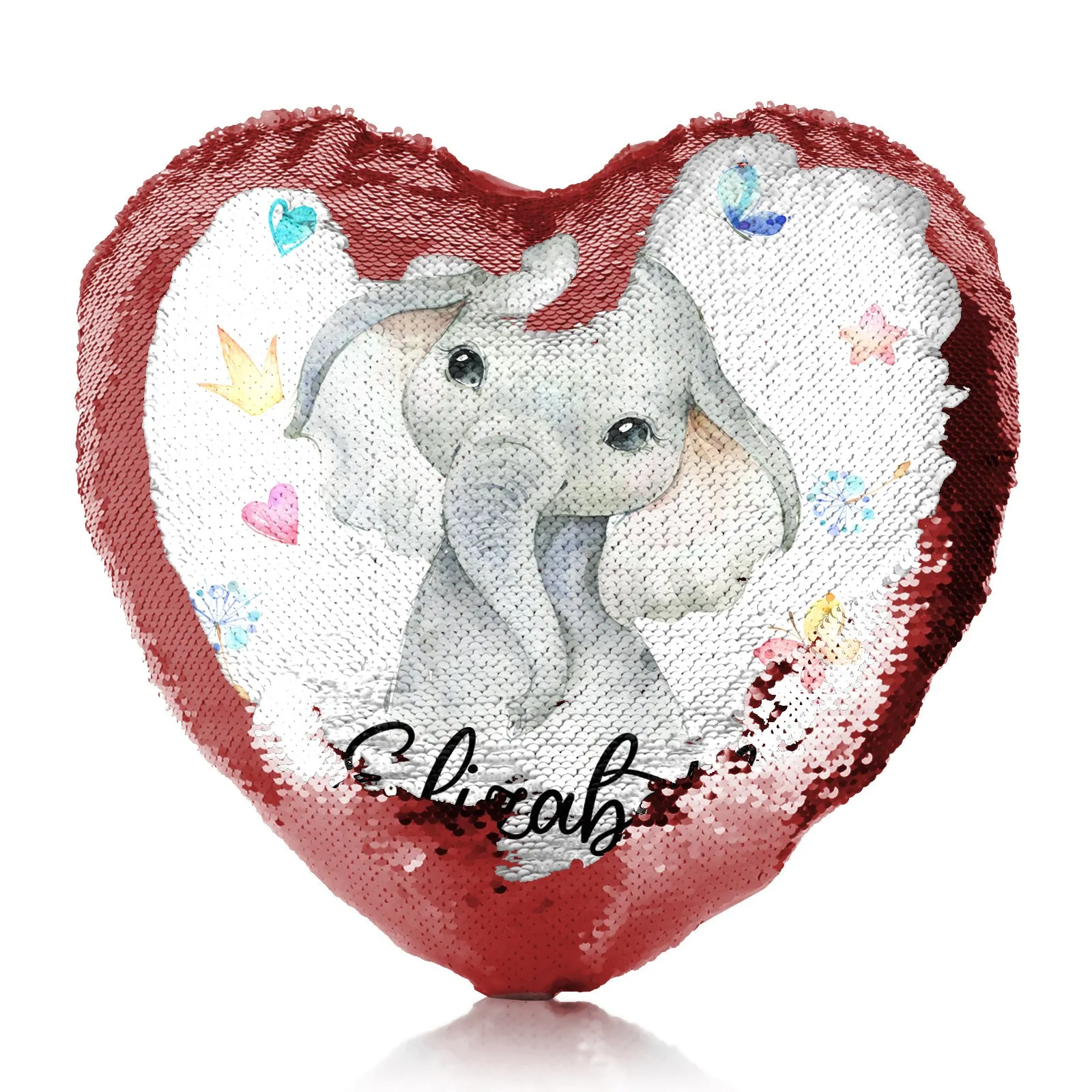 Personalised Sequin Heart Cushion with Grey Elephant with Hearts Stars Crowns Butterfly and Cute Text