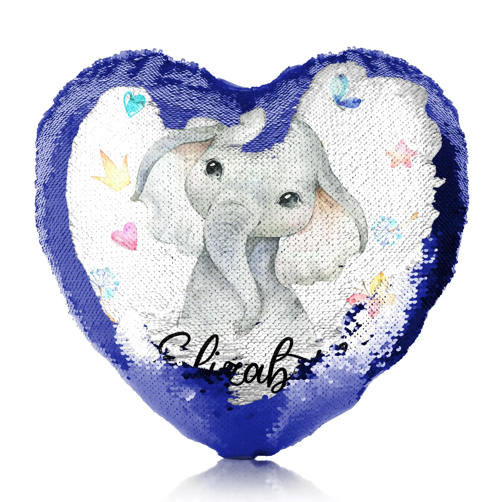 Personalised Sequin Heart Cushion with Grey Elephant with Hearts Stars Crowns Butterfly and Cute Text