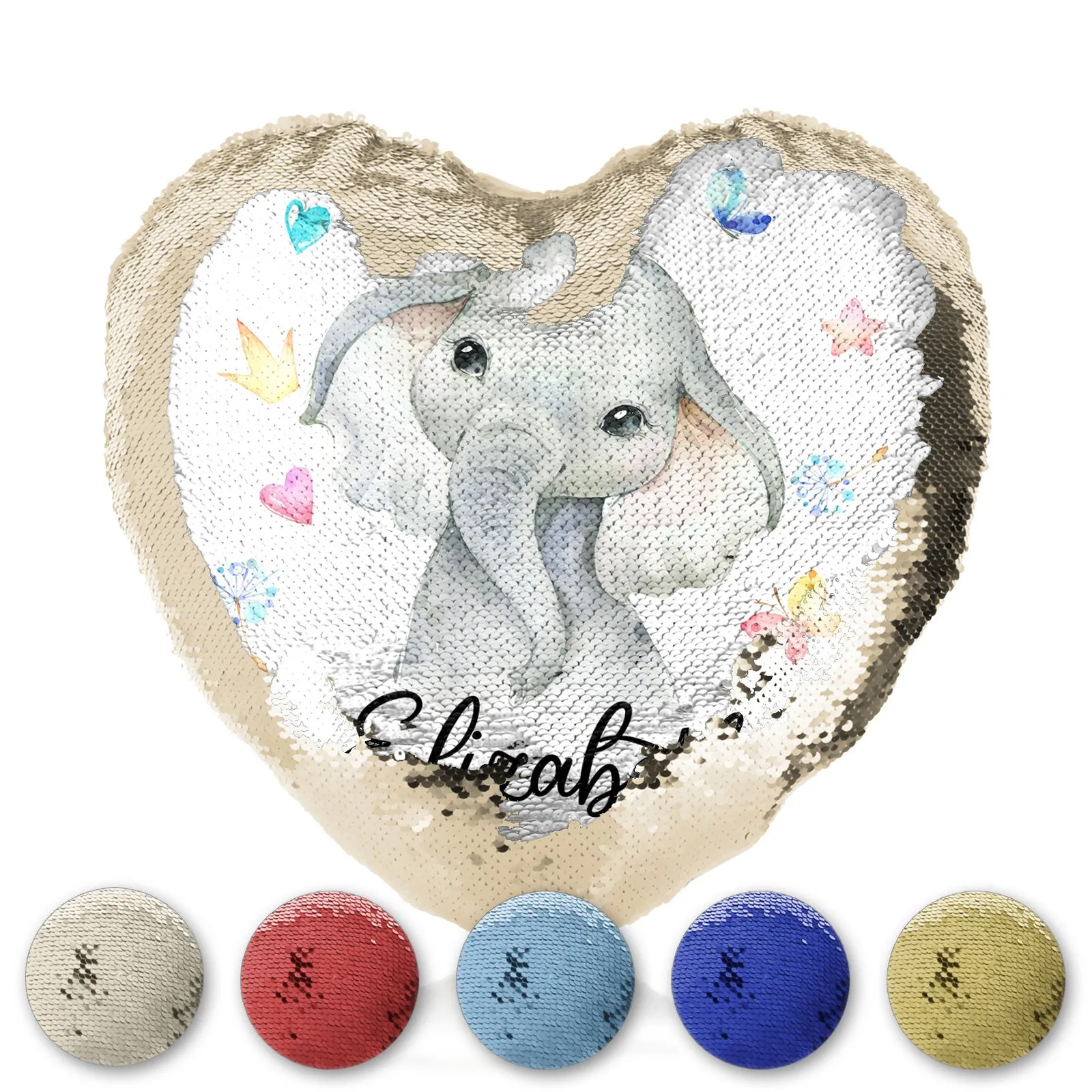 Personalised Sequin Heart Cushion with Grey Elephant with Hearts Stars Crowns Butterfly and Cute Text