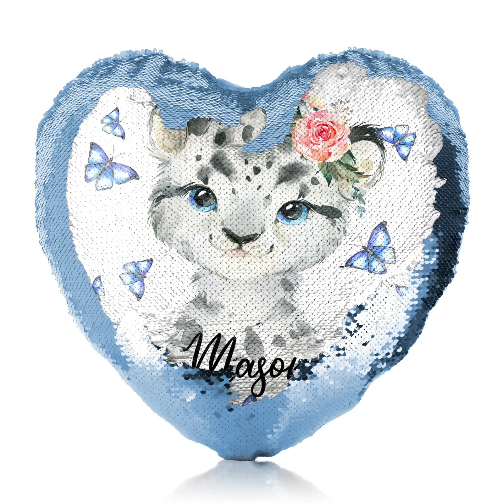Personalised Sequin Heart Cushion with Snow Leopard Blue Butterflies and Cute Text