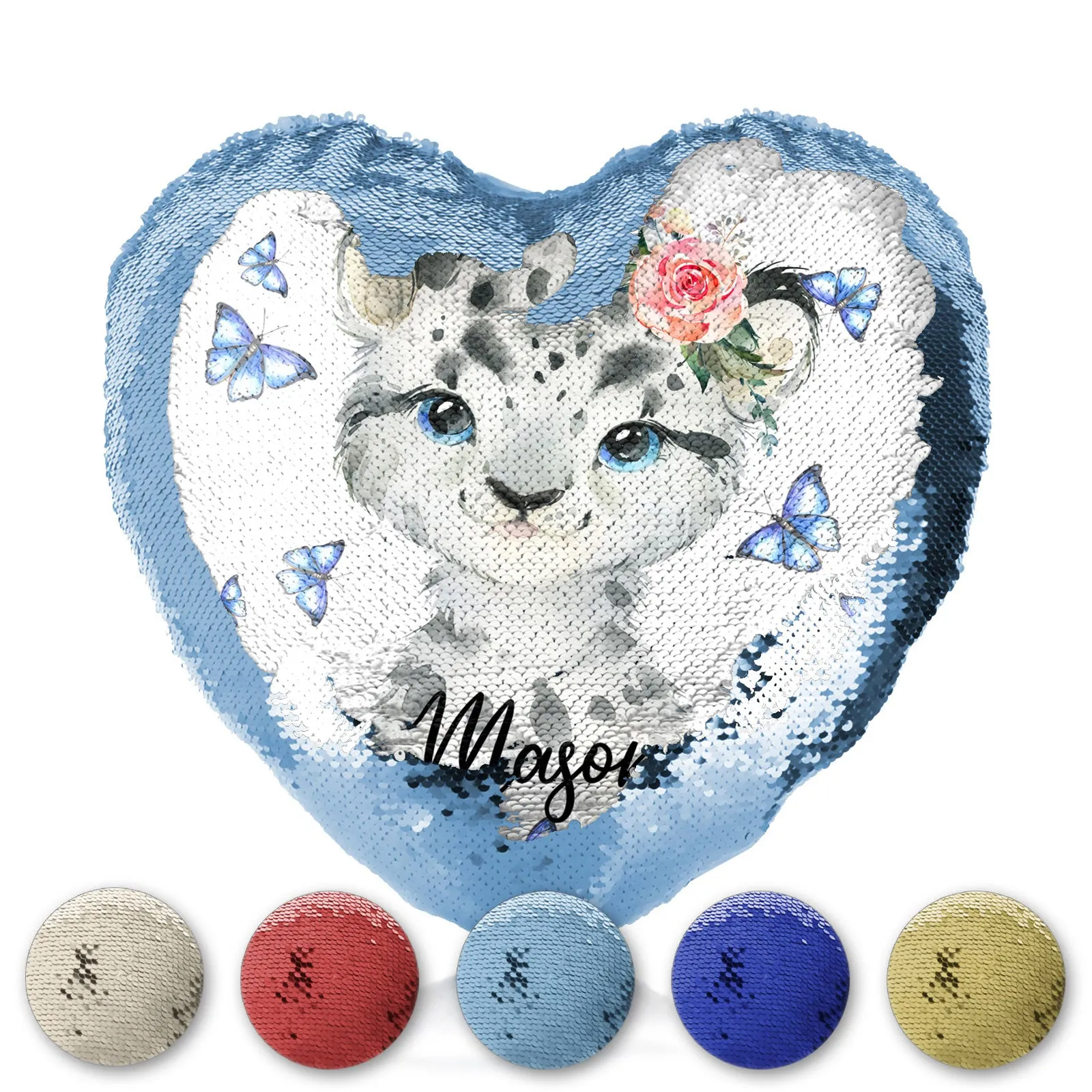 Personalised Sequin Heart Cushion with Snow Leopard Blue Butterflies and Cute Text