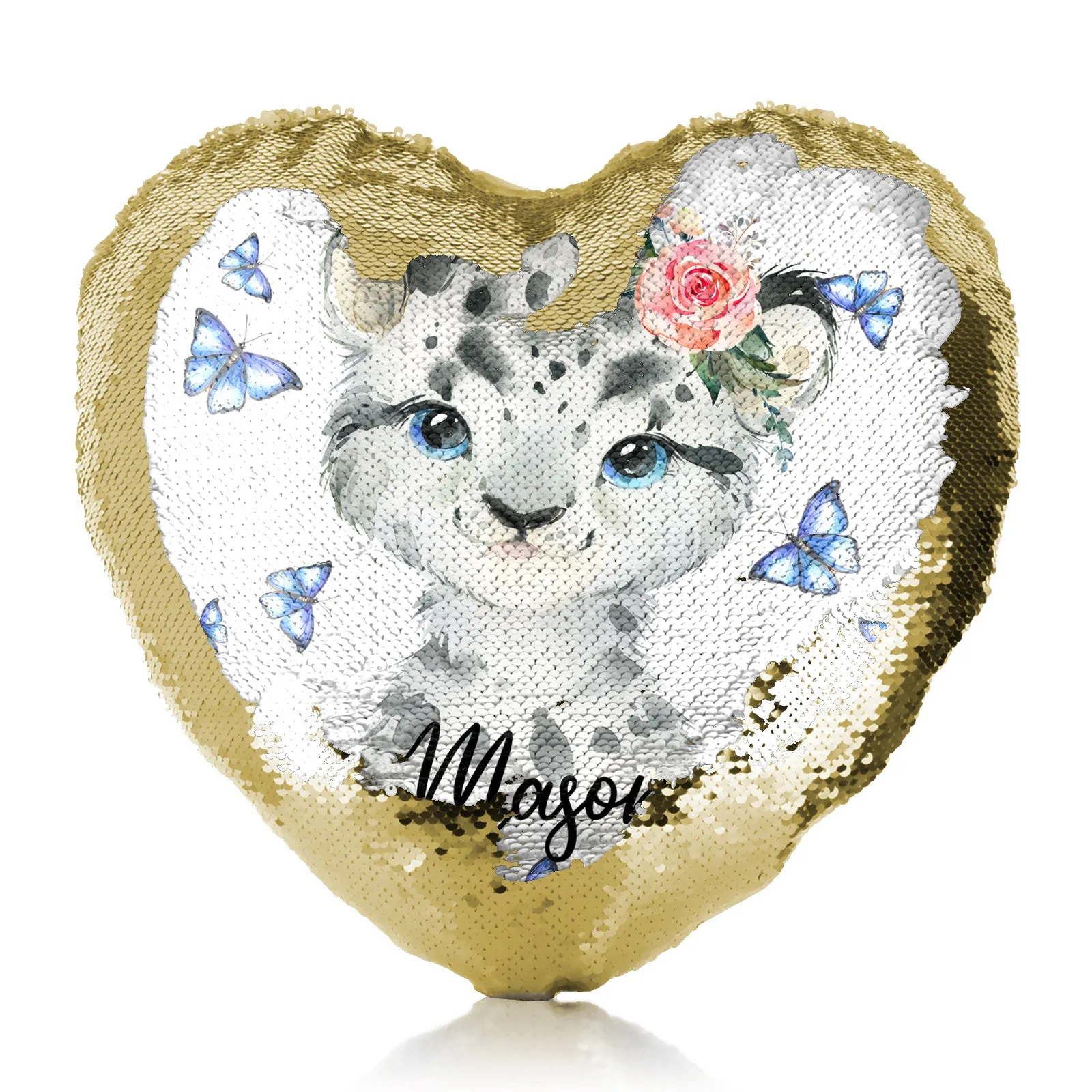 Personalised Sequin Heart Cushion with Snow Leopard Blue Butterflies and Cute Text