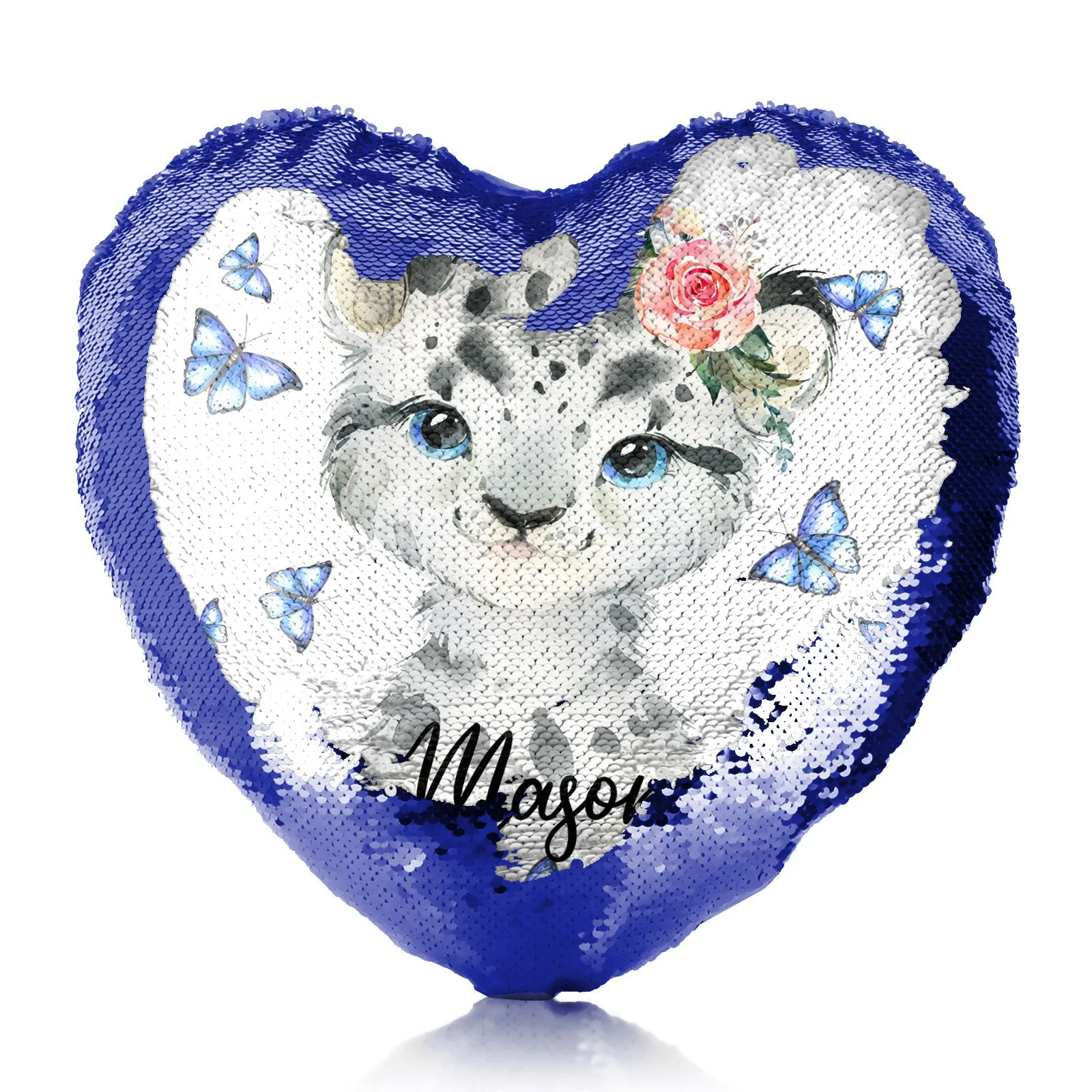 Personalised Sequin Heart Cushion with Snow Leopard Blue Butterflies and Cute Text
