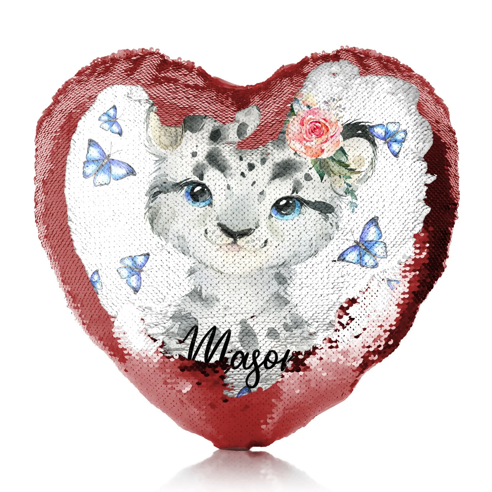 Personalised Sequin Heart Cushion with Snow Leopard Blue Butterflies and Cute Text