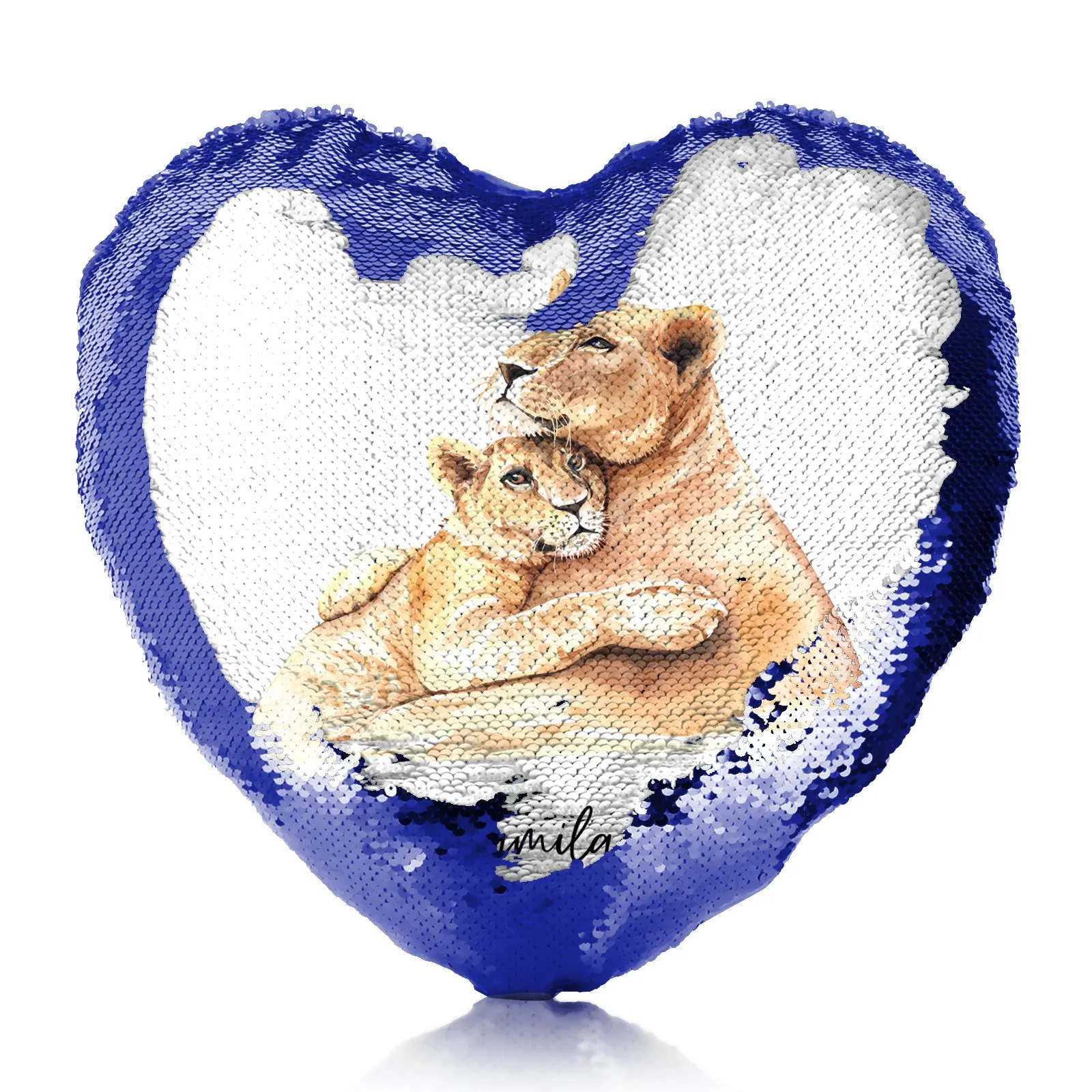 Personalised Sequin Heart Cushion with Welcoming Text and Embracing Mum and Baby Lions