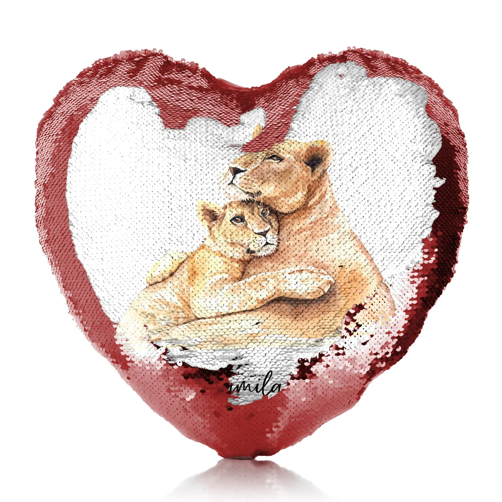 Personalised Sequin Heart Cushion with Welcoming Text and Embracing Mum and Baby Lions