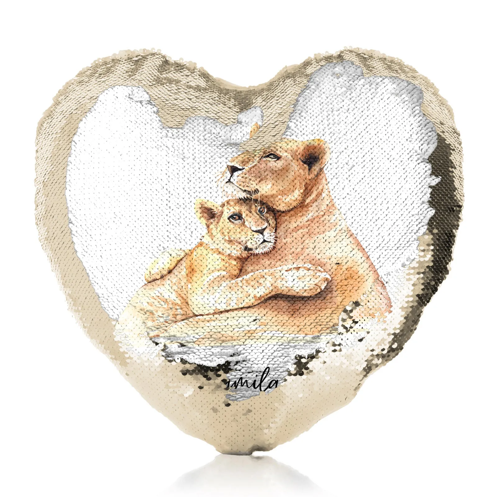 Personalised Sequin Heart Cushion with Welcoming Text and Embracing Mum and Baby Lions