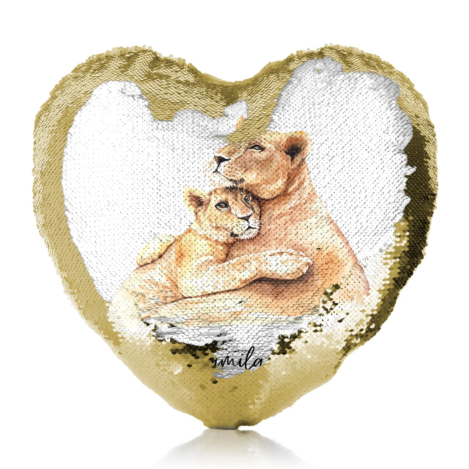 Personalised Sequin Heart Cushion with Welcoming Text and Embracing Mum and Baby Lions