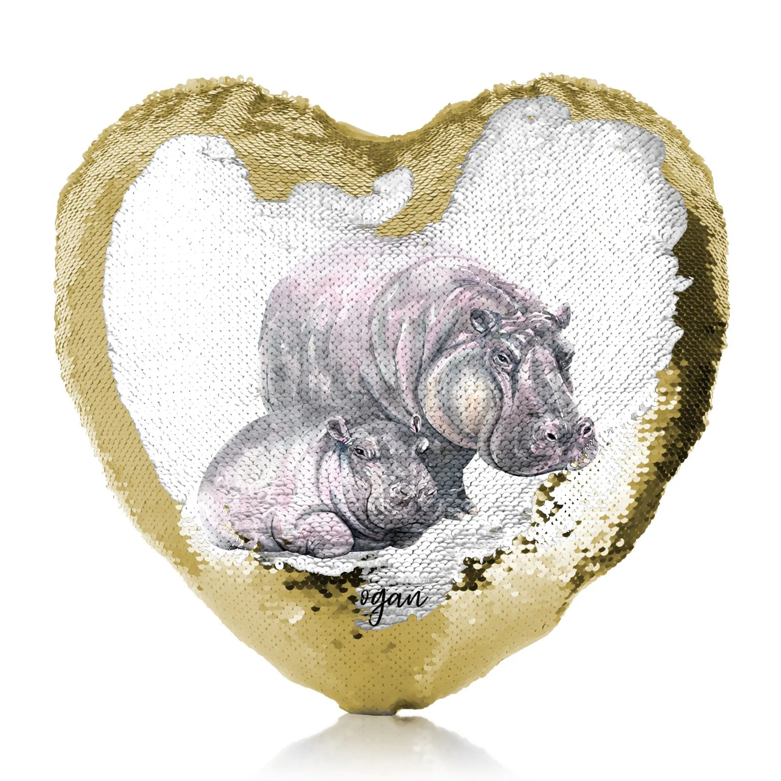 Personalised Sequin Heart Cushion with Welcoming Text and Relaxing Mum and Baby Hippos