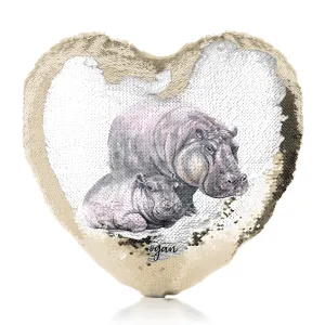 Personalised Sequin Heart Cushion with Welcoming Text and Relaxing Mum and Baby Hippos