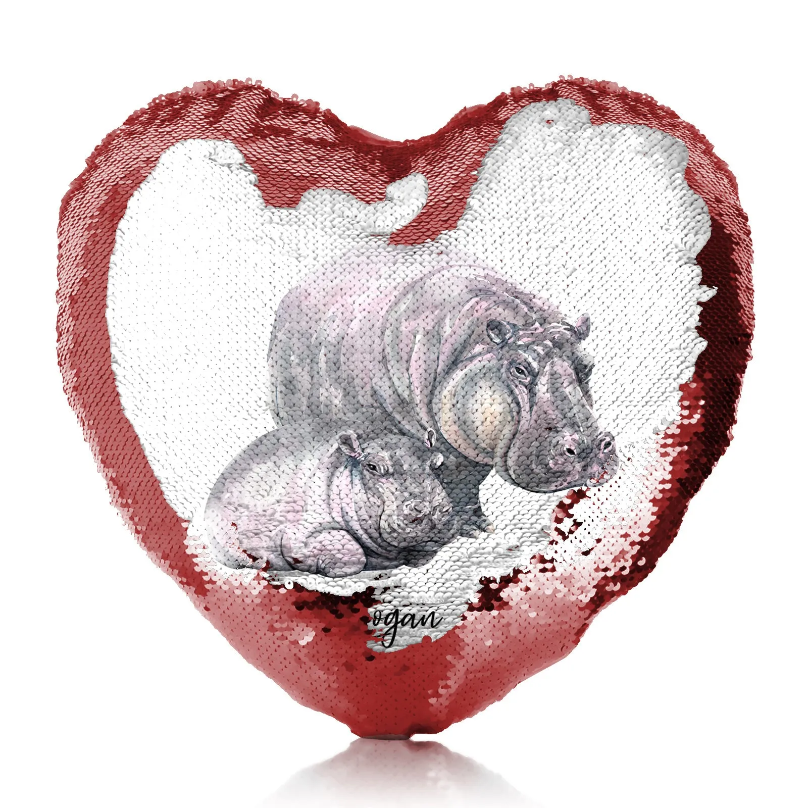 Personalised Sequin Heart Cushion with Welcoming Text and Relaxing Mum and Baby Hippos