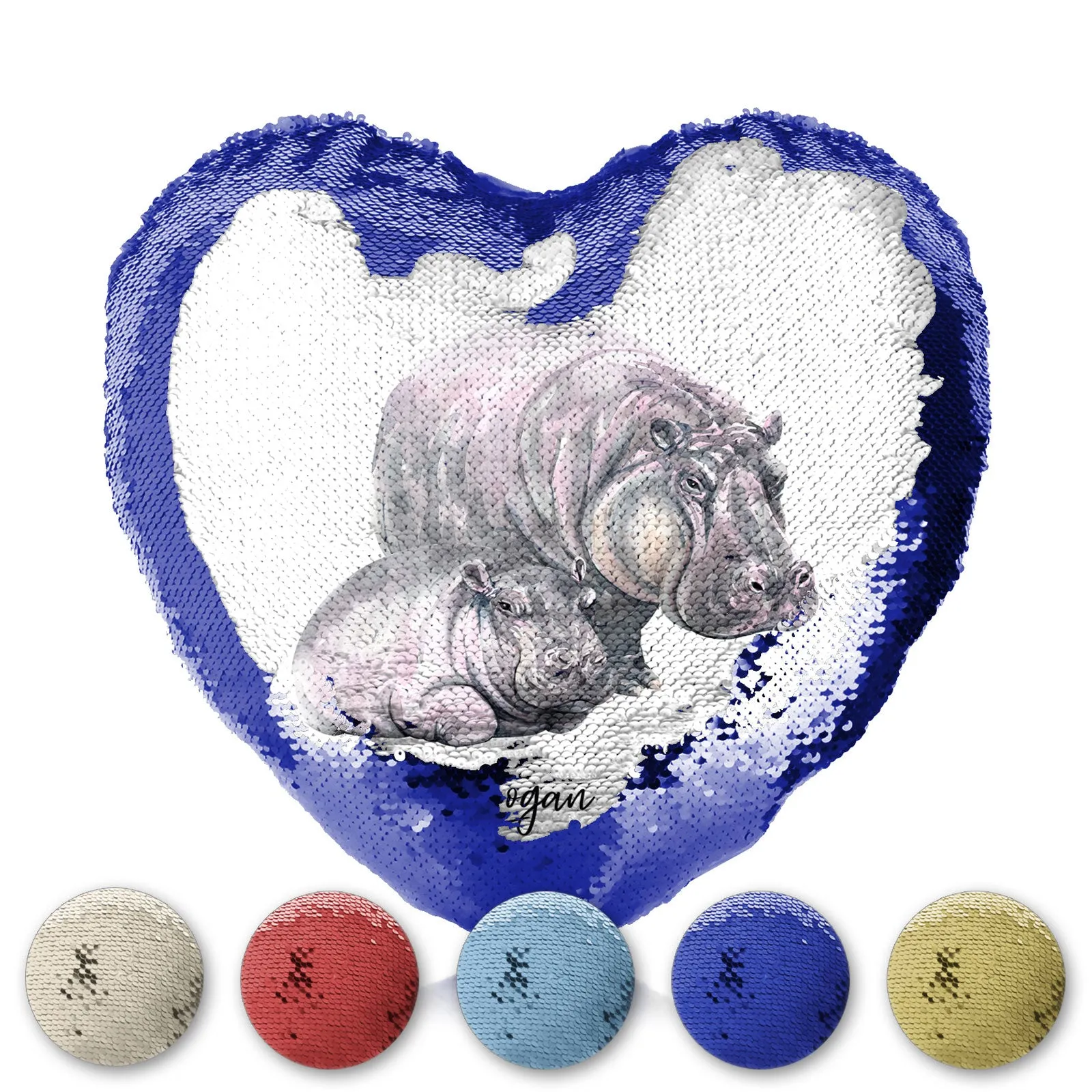 Personalised Sequin Heart Cushion with Welcoming Text and Relaxing Mum and Baby Hippos