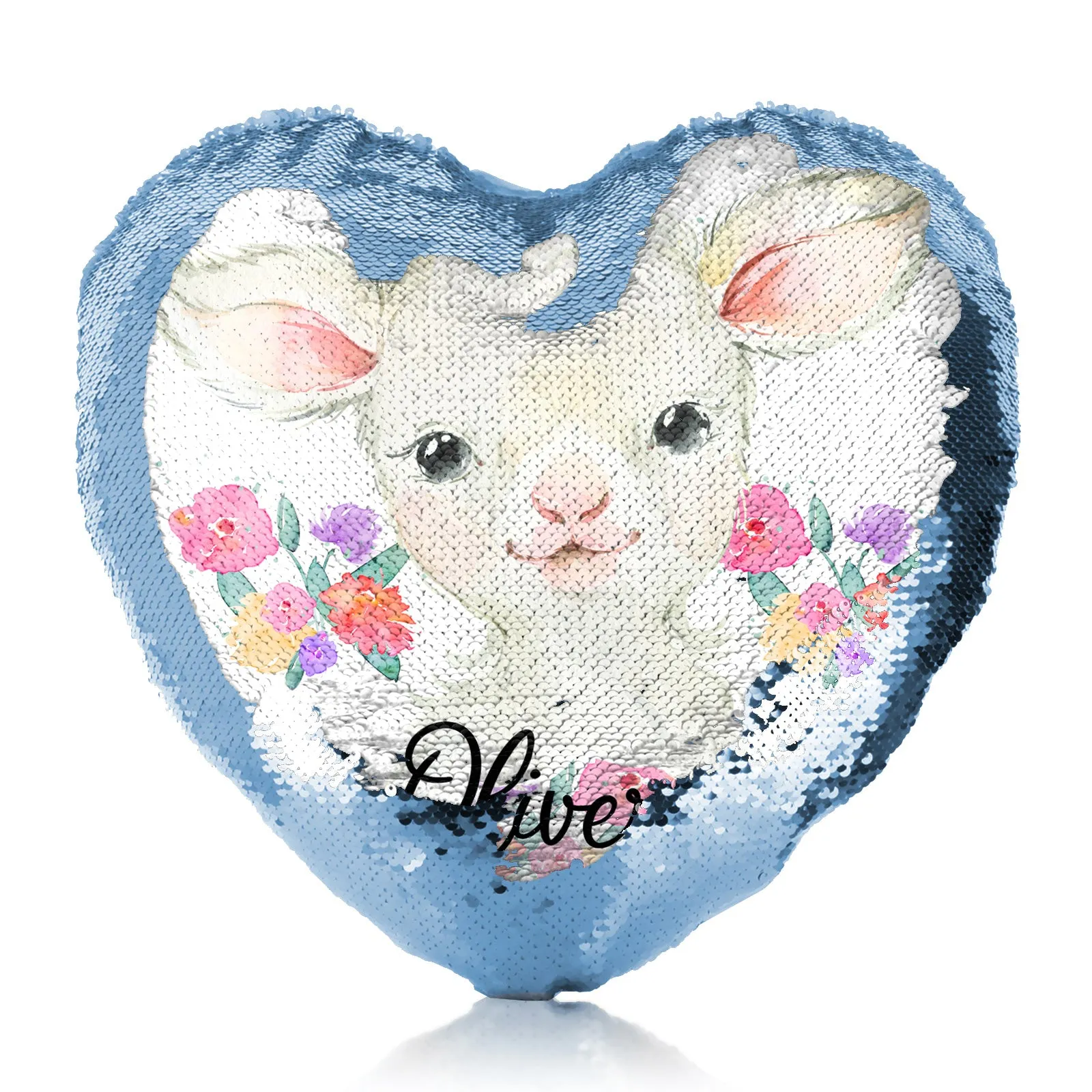 Personalised Sequin Heart Cushion with White Lamb Flowers and Cute Text