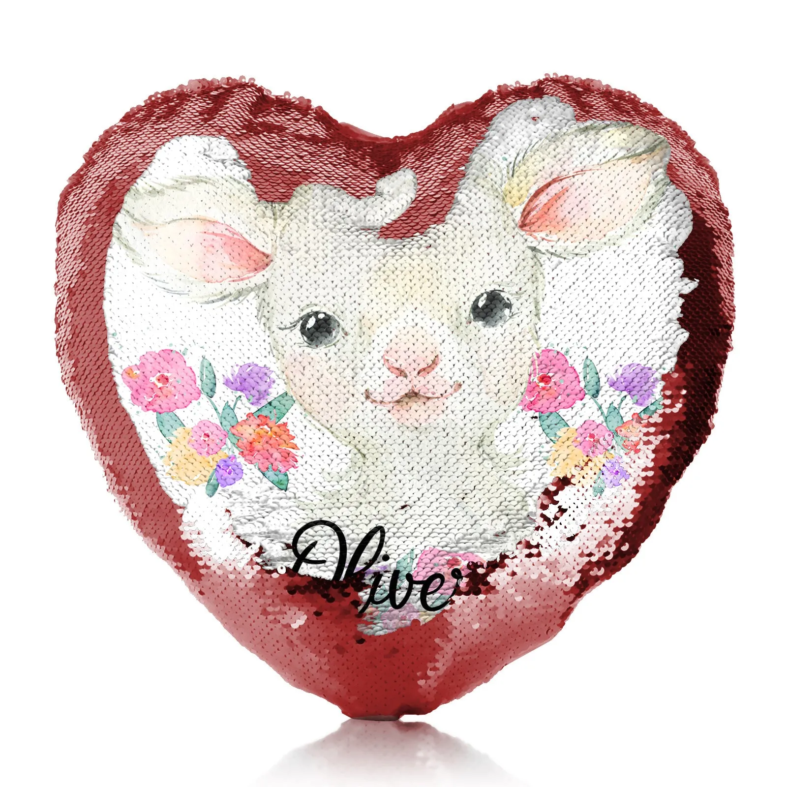 Personalised Sequin Heart Cushion with White Lamb Flowers and Cute Text