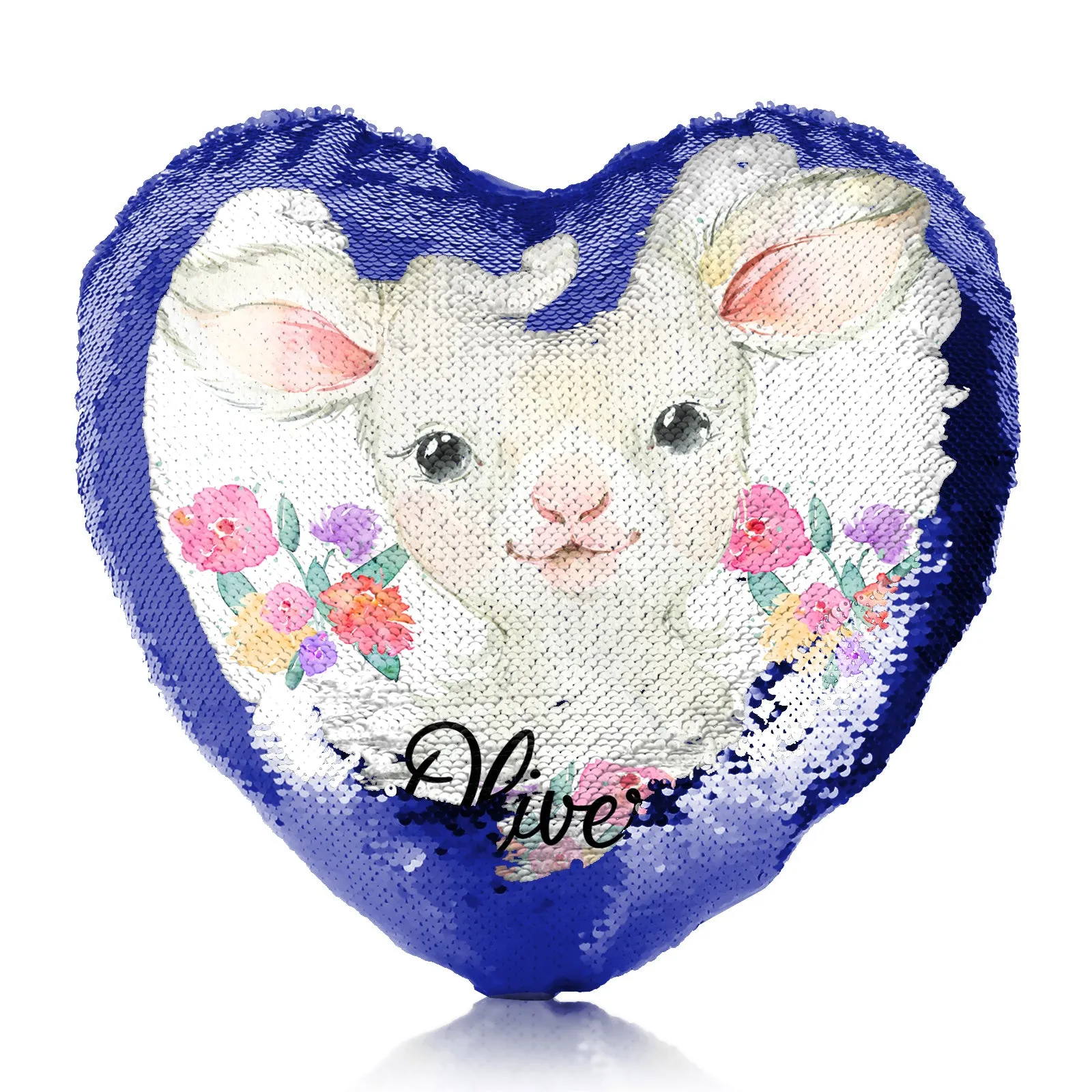 Personalised Sequin Heart Cushion with White Lamb Flowers and Cute Text