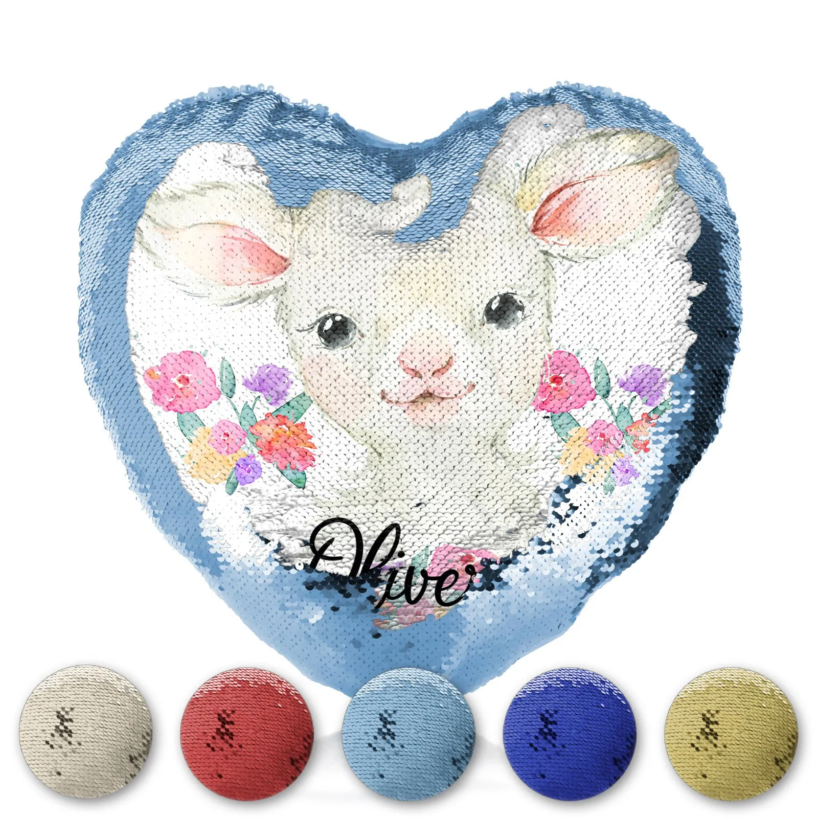 Personalised Sequin Heart Cushion with White Lamb Flowers and Cute Text