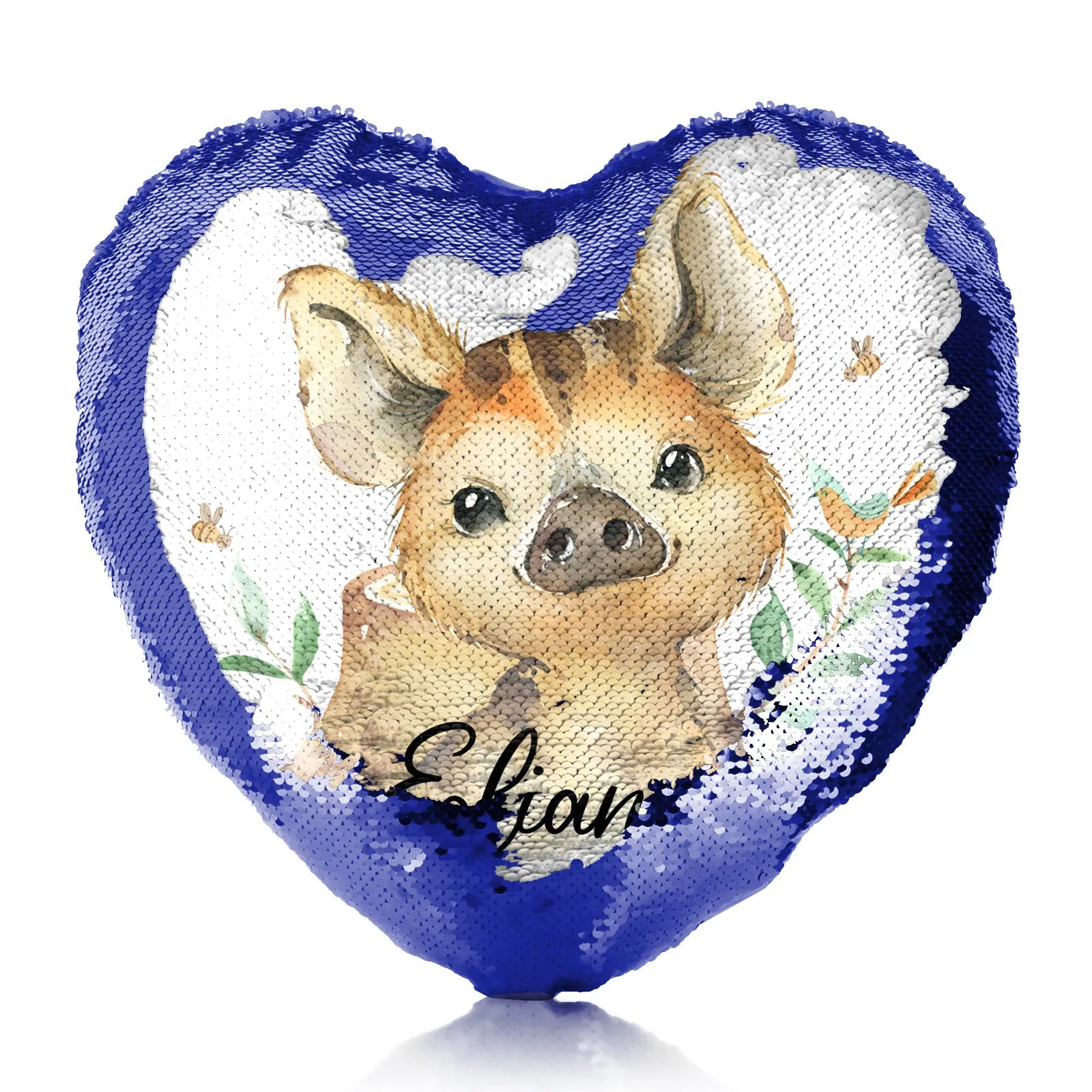 Personalised Sequin Heart Cushion with Wild Boar Piglet with Bird and Bees and Cute Text