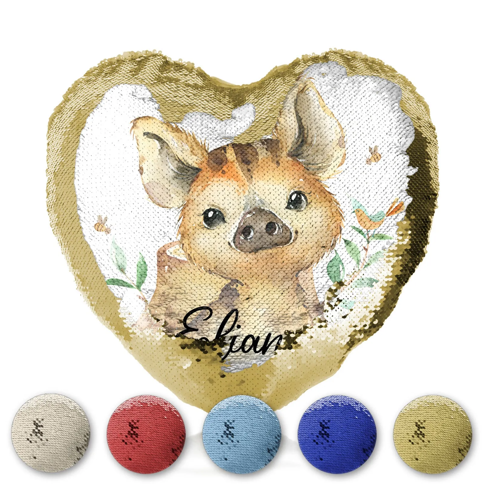 Personalised Sequin Heart Cushion with Wild Boar Piglet with Bird and Bees and Cute Text
