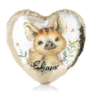 Personalised Sequin Heart Cushion with Wild Boar Piglet with Bird and Bees and Cute Text