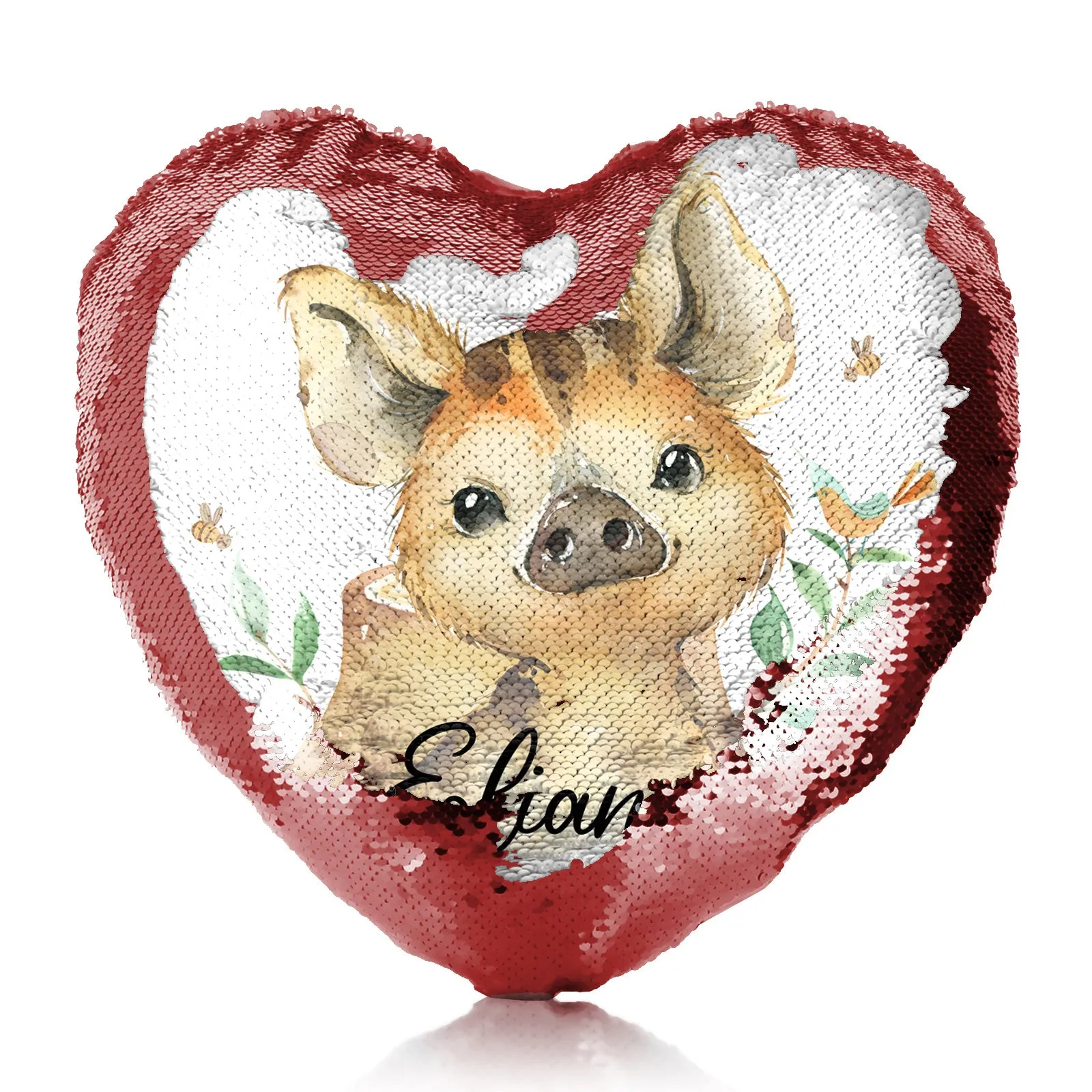 Personalised Sequin Heart Cushion with Wild Boar Piglet with Bird and Bees and Cute Text