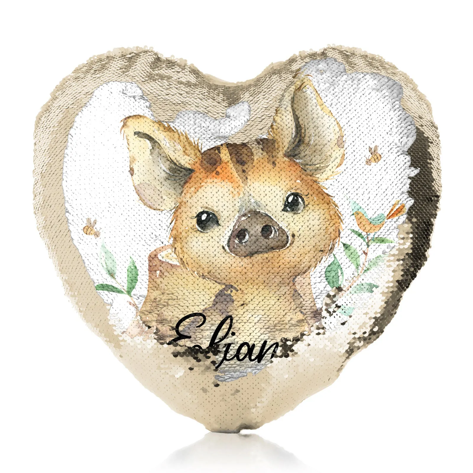 Personalised Sequin Heart Cushion with Wild Boar Piglet with Bird and Bees and Cute Text