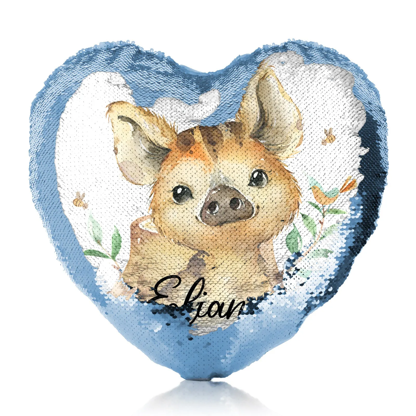 Personalised Sequin Heart Cushion with Wild Boar Piglet with Bird and Bees and Cute Text