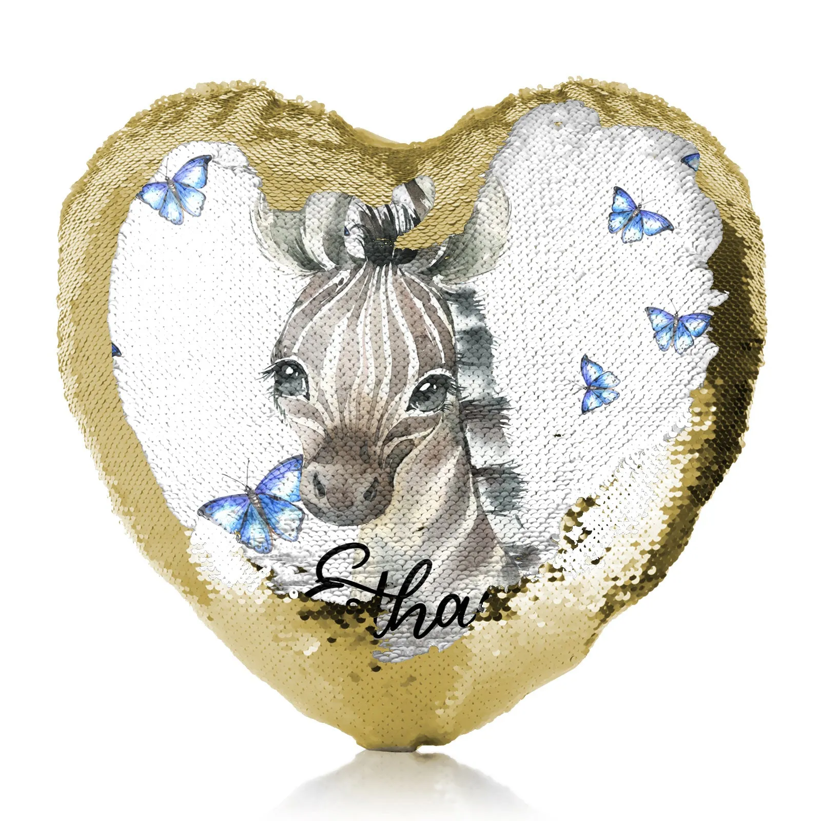 Personalised Sequin Heart Cushion with Zebra Blue Butterfly and Cute Text