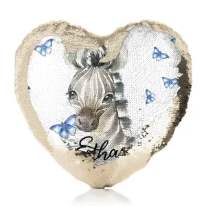 Personalised Sequin Heart Cushion with Zebra Blue Butterfly and Cute Text