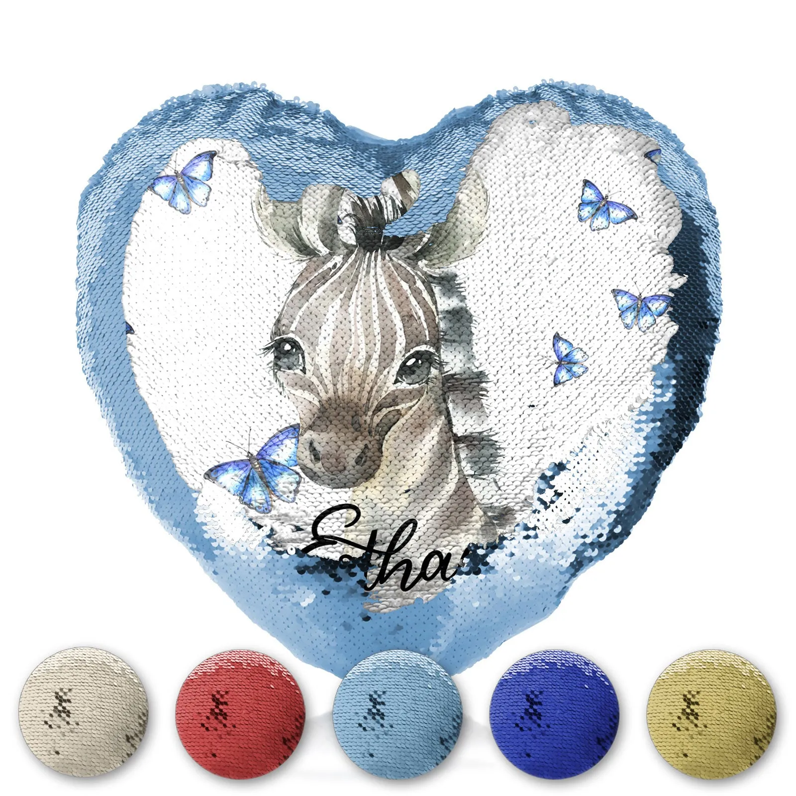 Personalised Sequin Heart Cushion with Zebra Blue Butterfly and Cute Text