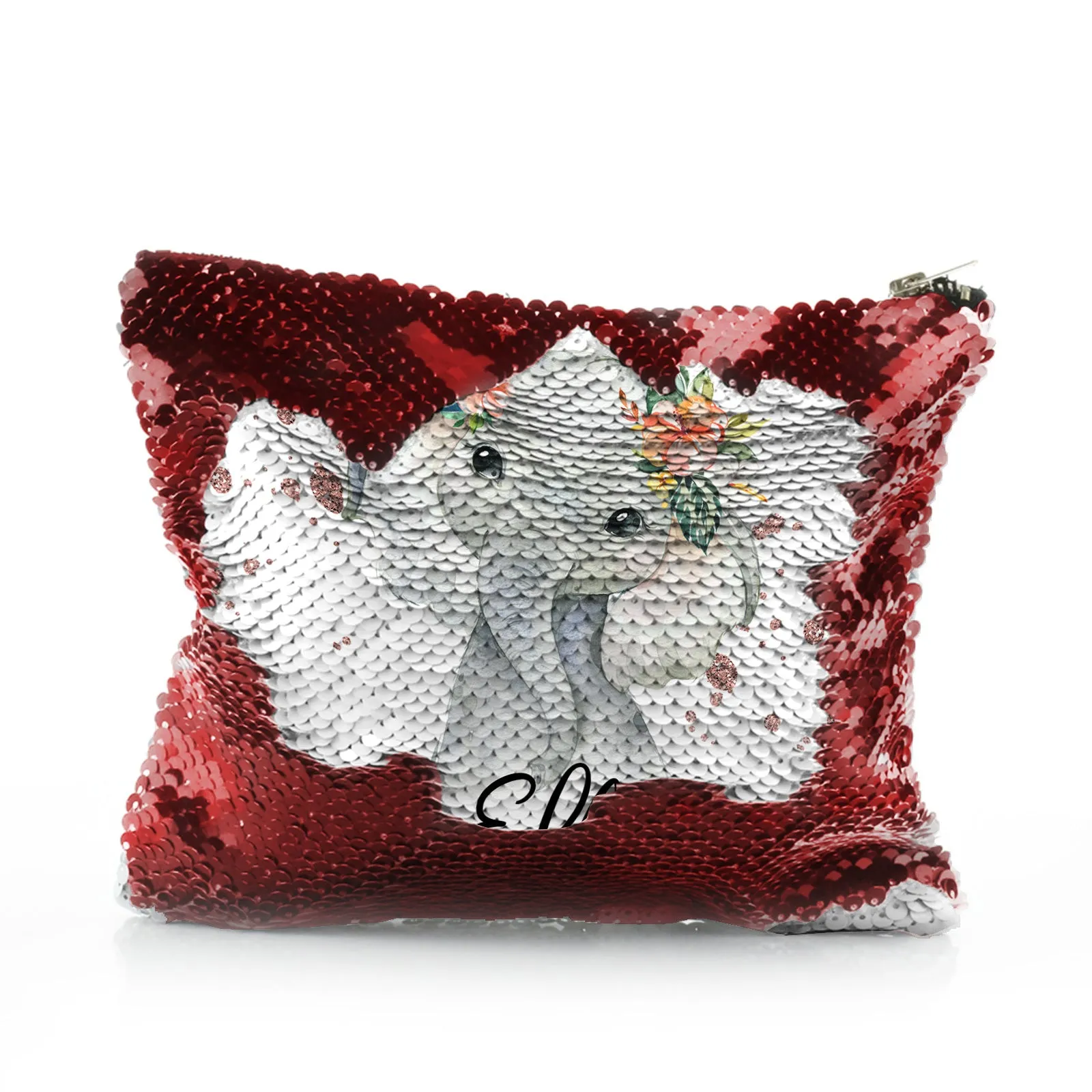 Personalised Sequin Zip Bag with Elephant Rain Drop Glitter Print and Cute Text