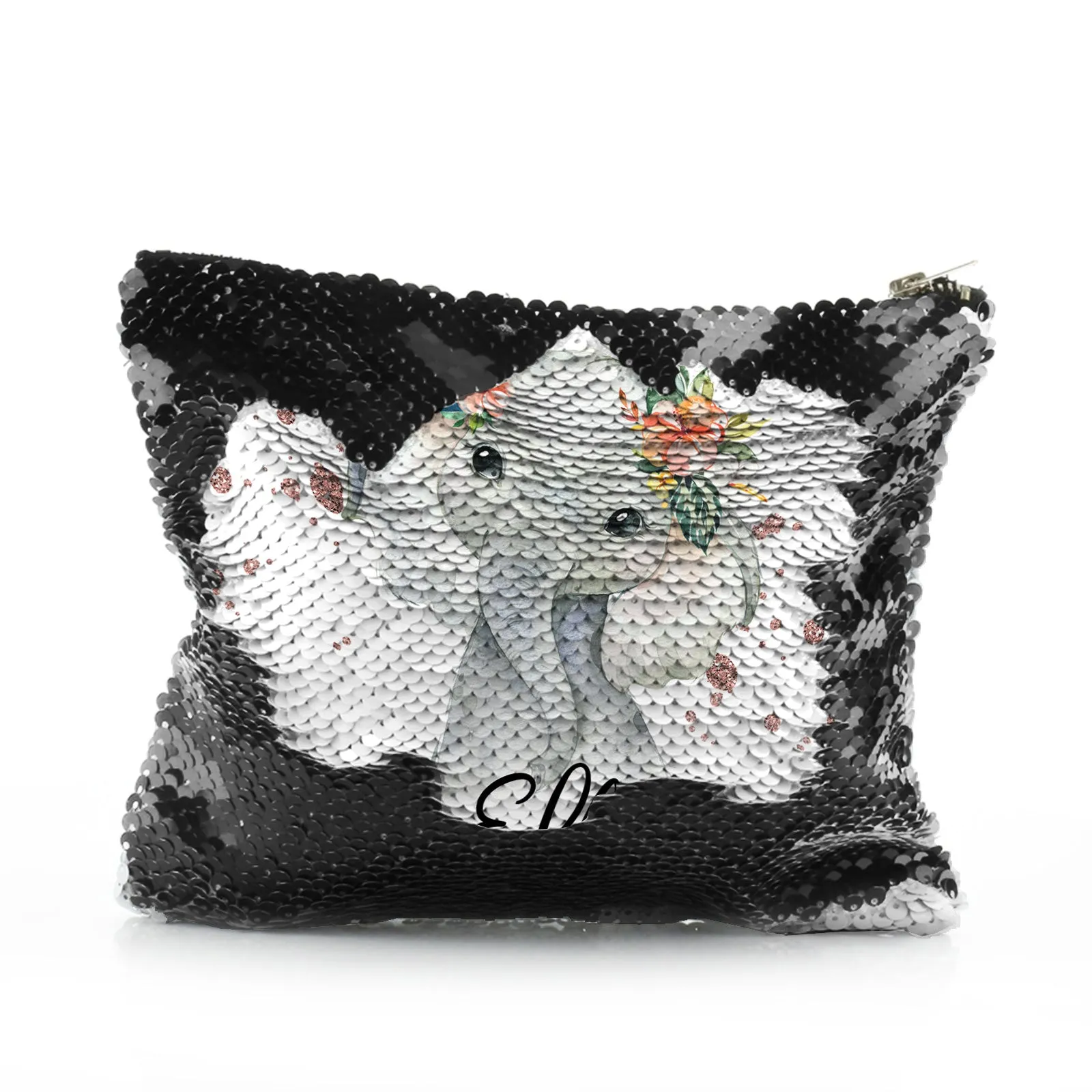 Personalised Sequin Zip Bag with Elephant Rain Drop Glitter Print and Cute Text