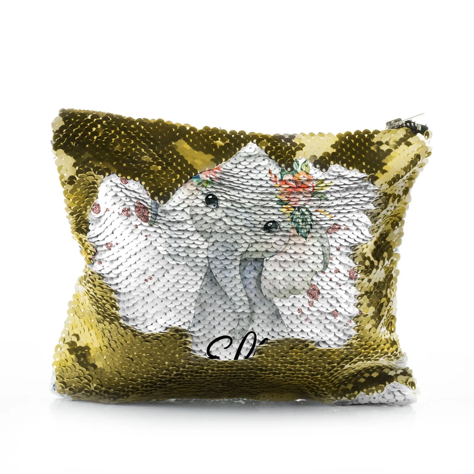 Personalised Sequin Zip Bag with Elephant Rain Drop Glitter Print and Cute Text
