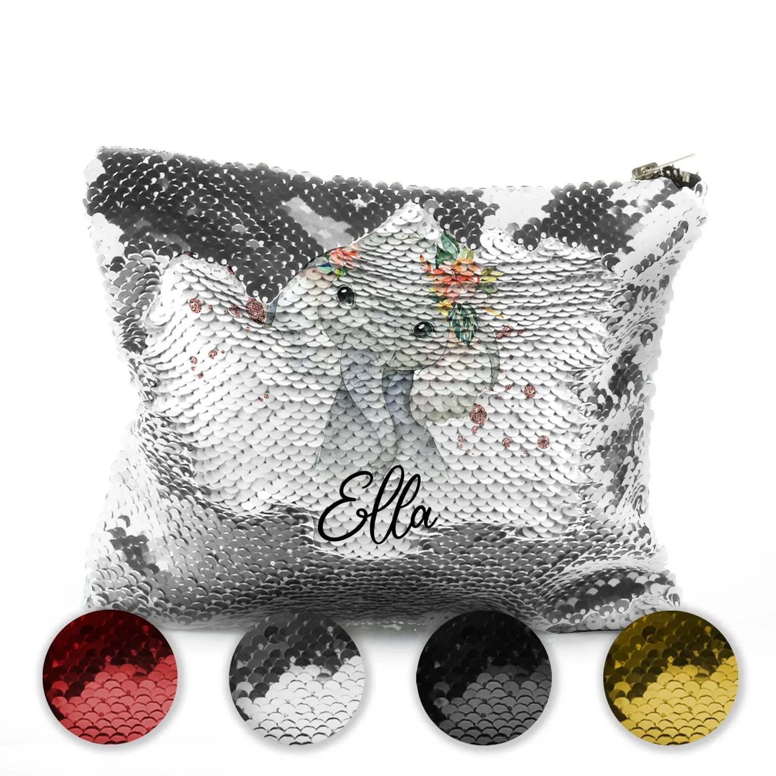 Personalised Sequin Zip Bag with Elephant Rain Drop Glitter Print and Cute Text