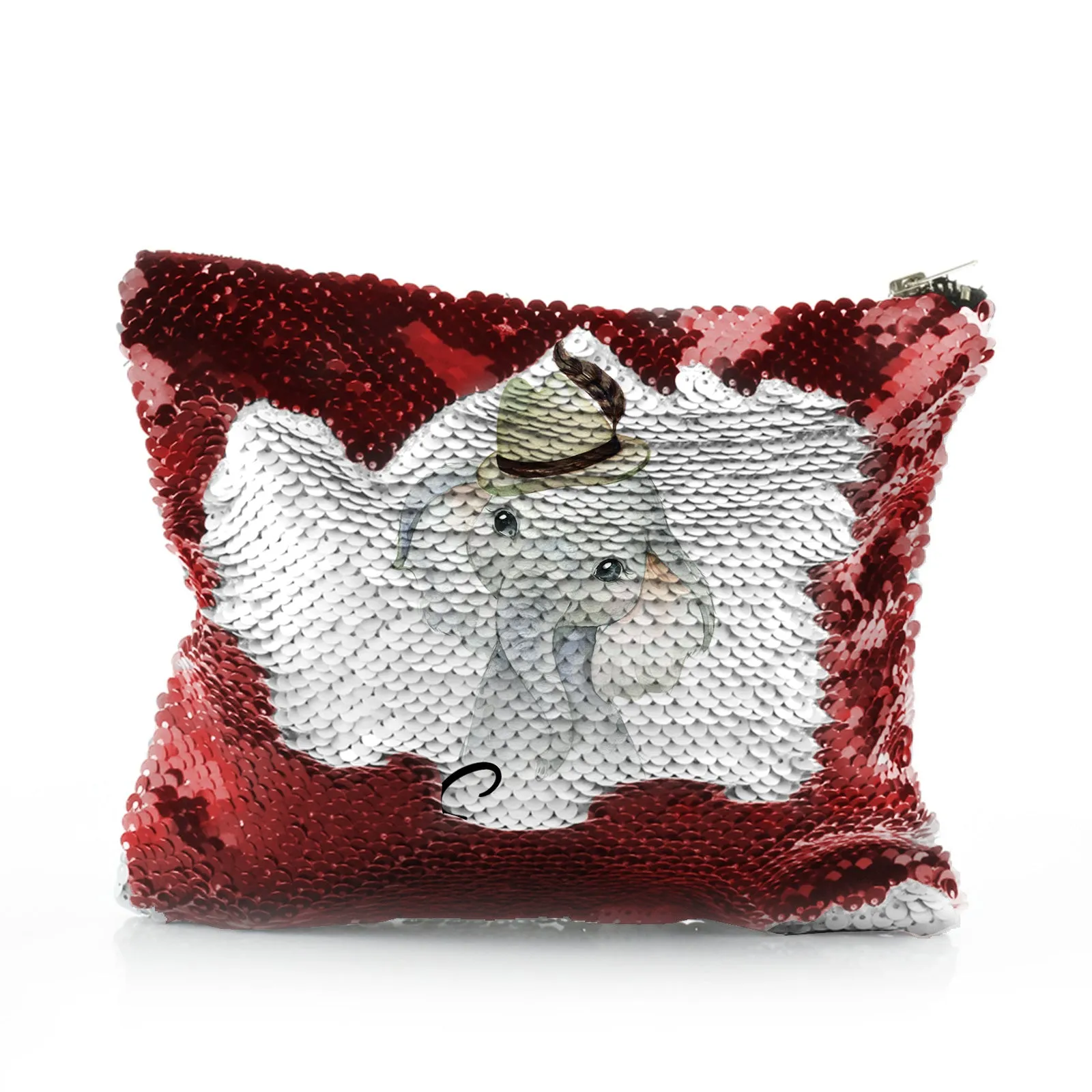 Personalised Sequin Zip Bag with Grey Elephant Feather Hat and Cute Text