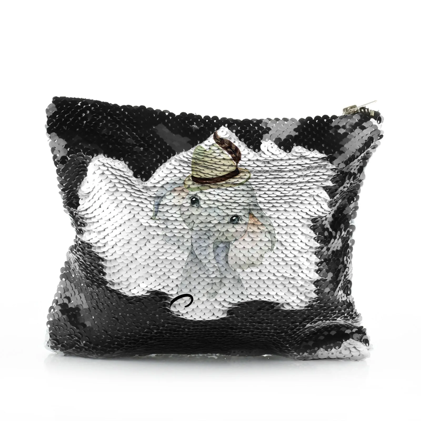 Personalised Sequin Zip Bag with Grey Elephant Feather Hat and Cute Text