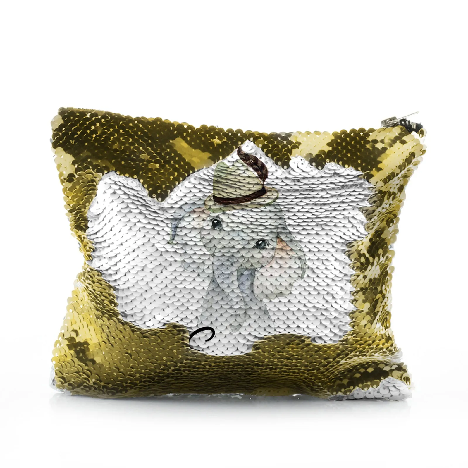 Personalised Sequin Zip Bag with Grey Elephant Feather Hat and Cute Text