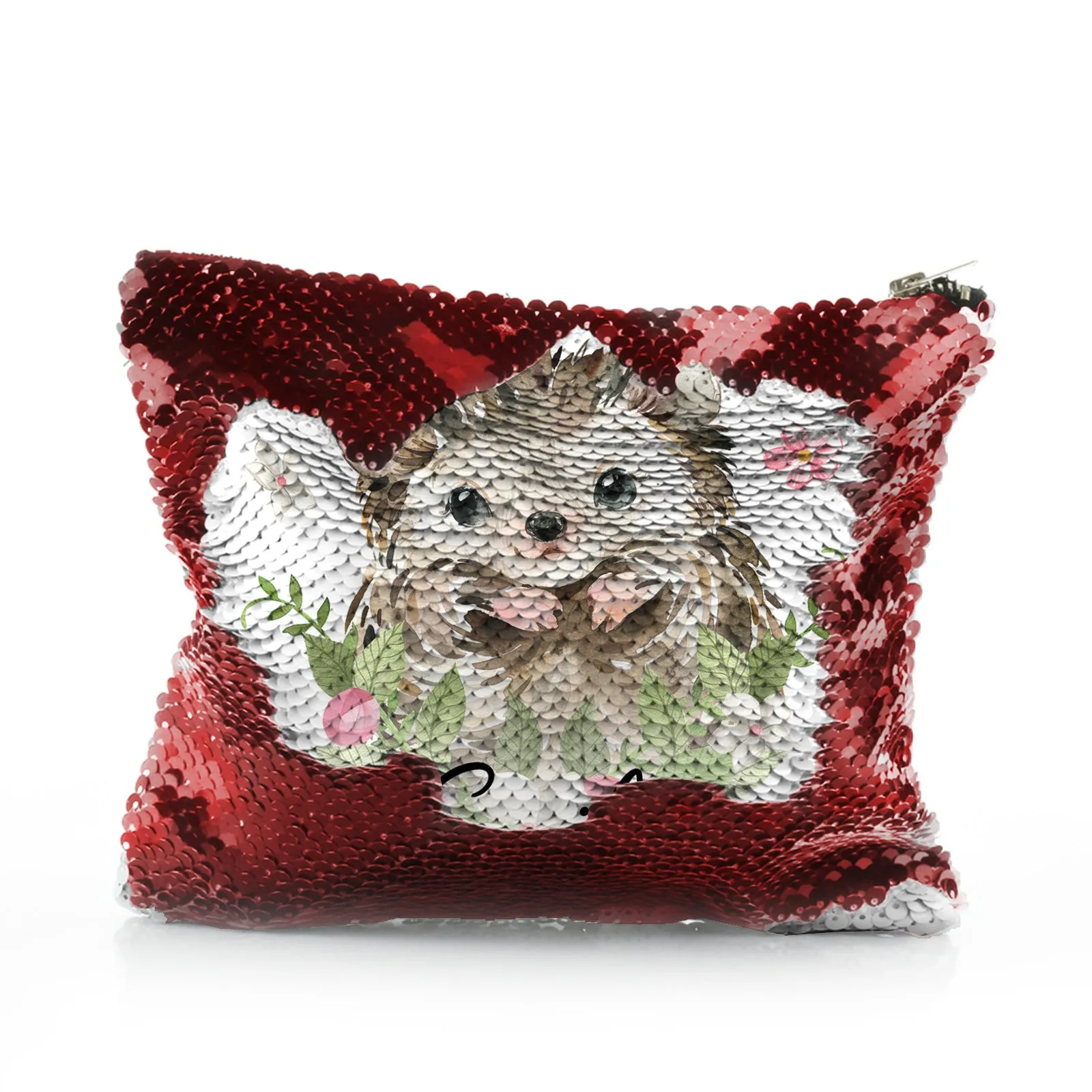 Personalised Sequin Zip Bag with Hedgehog Pink Flowers and Cute Text