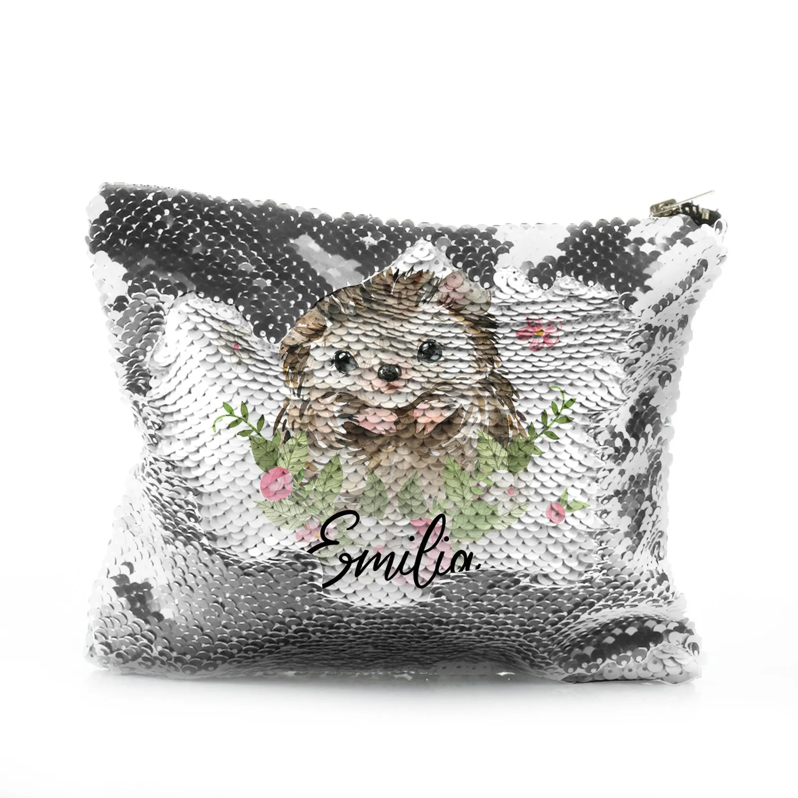 Personalised Sequin Zip Bag with Hedgehog Pink Flowers and Cute Text