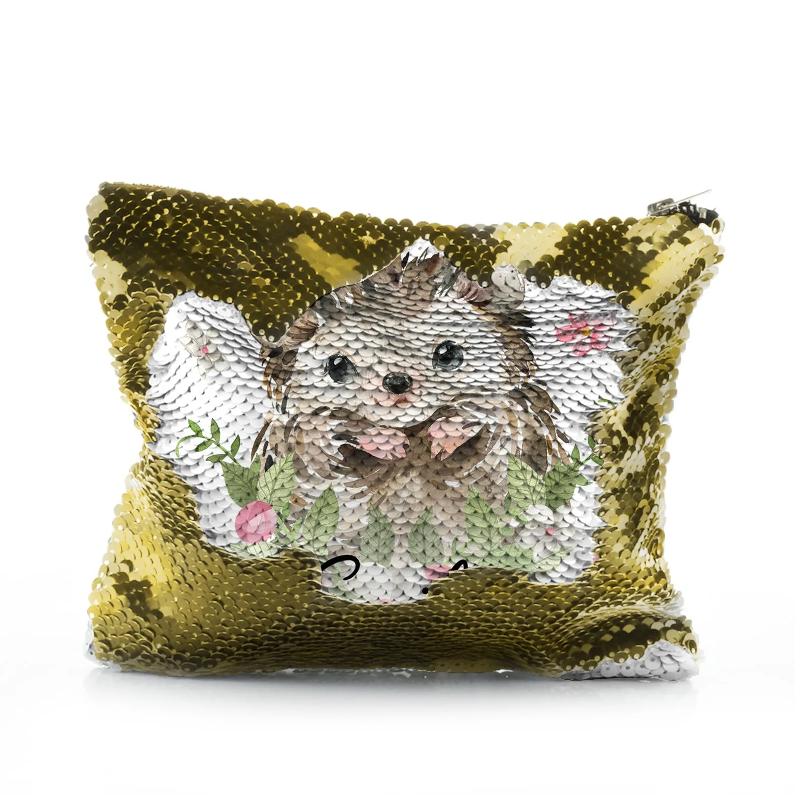 Personalised Sequin Zip Bag with Hedgehog Pink Flowers and Cute Text