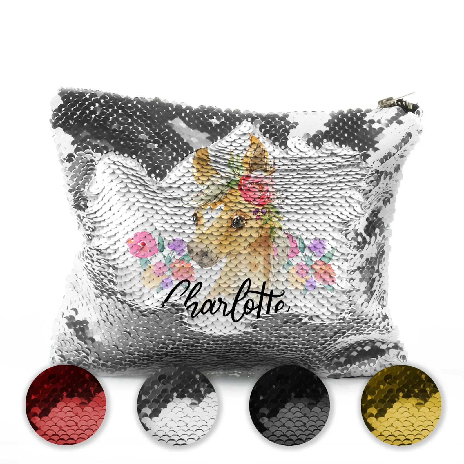 Personalised Sequin Zip Bag with Palomino Horse Multicolour Flower Print and Cute Text