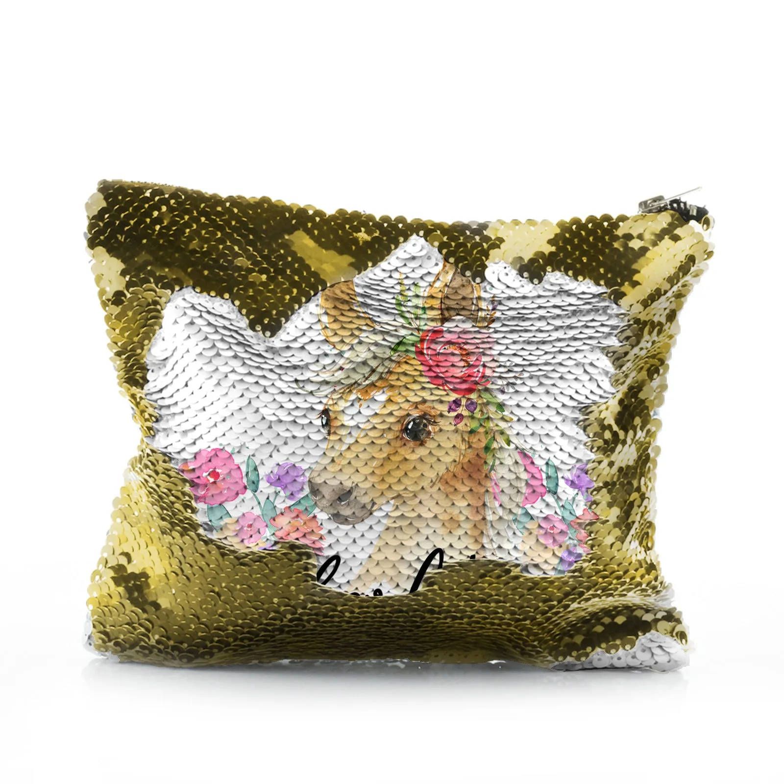 Personalised Sequin Zip Bag with Palomino Horse Multicolour Flower Print and Cute Text