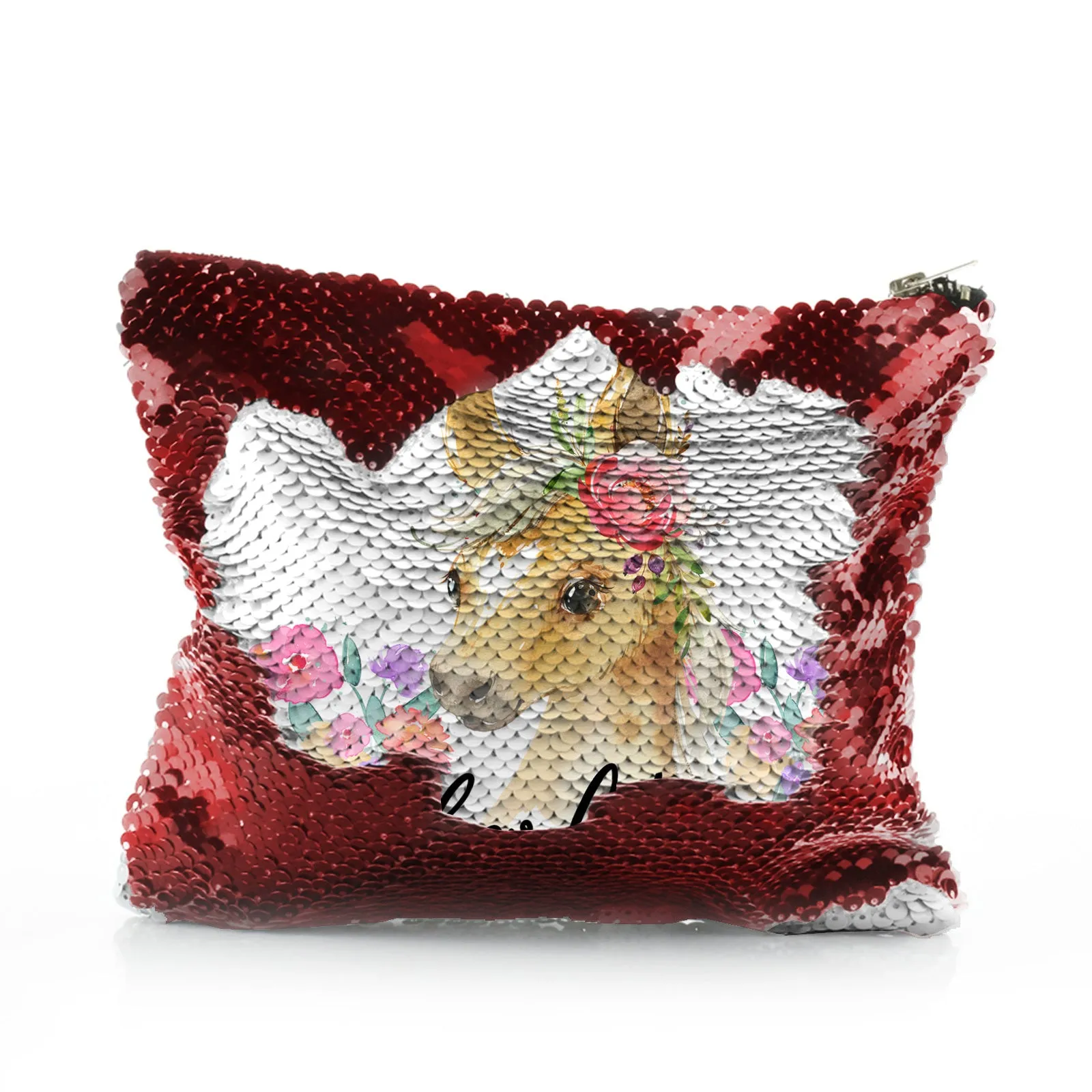Personalised Sequin Zip Bag with Palomino Horse Multicolour Flower Print and Cute Text